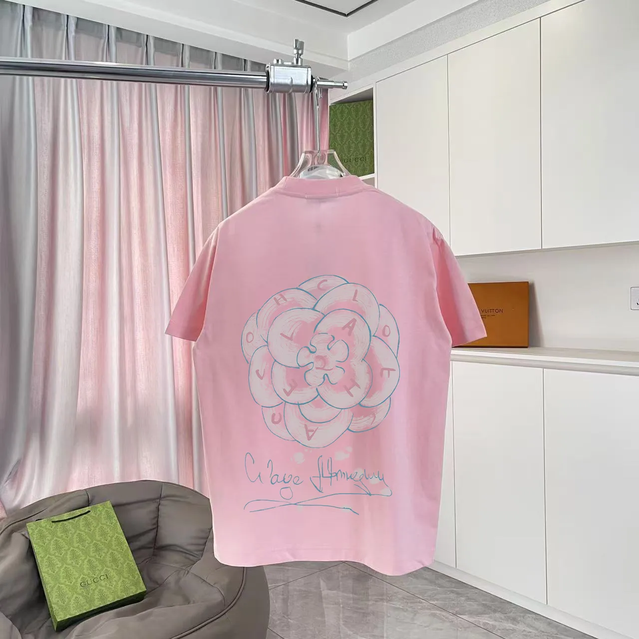 🅿️170 CHANE* Xiaoxiang 2025 autumn new style Double C letter logo printing short-sleeved T-shirt Customized fabric 300g Same style for men and women Size: S M L XL XXL Five codes Color: Black White Paste Green Pink