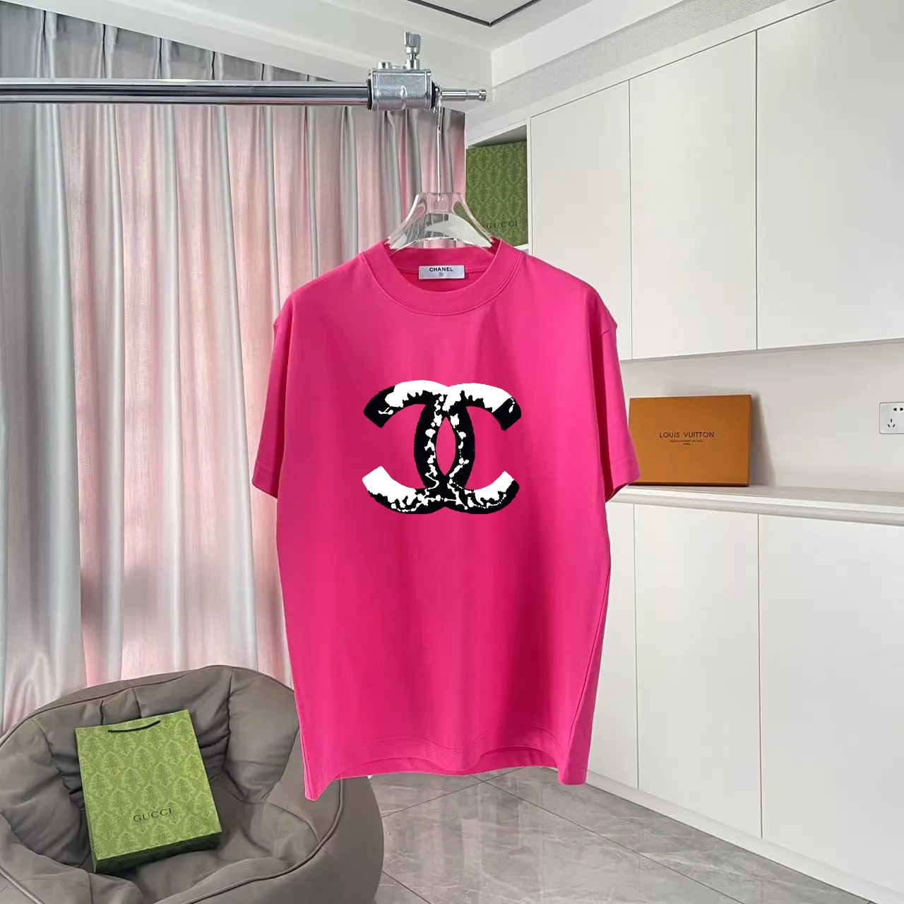 🅿️170 CHANE* Xiaoxiang 2025 autumn new style Double C letter logo printing short-sleeved T-shirt Customized fabric 300g Same style for men and women Size: S M L XL XXL Five codes Color: black white rose red