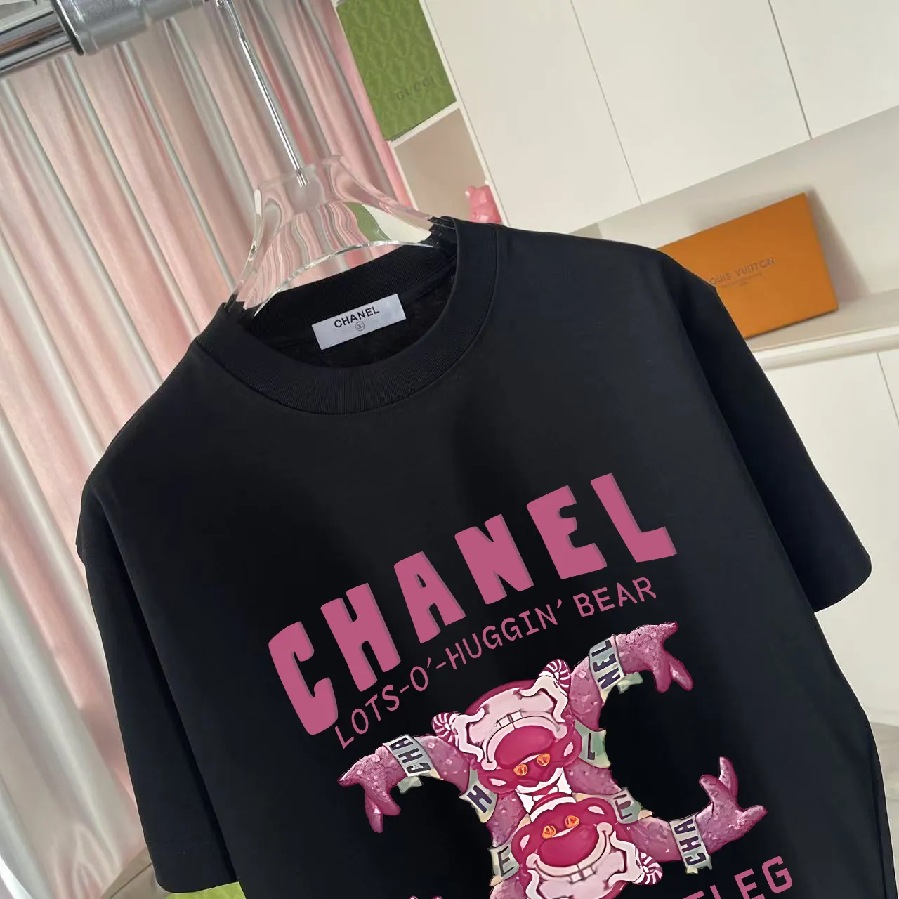 🅿️170 CHANE* Xiaoxiang 2025 Autumn New Style Double C Letter Logo Print Short Sleeve T-shirt Customized Fabric 300g Same Style for Men and Women Size: S M L XL XXL Five Codes Color: Black White Pink