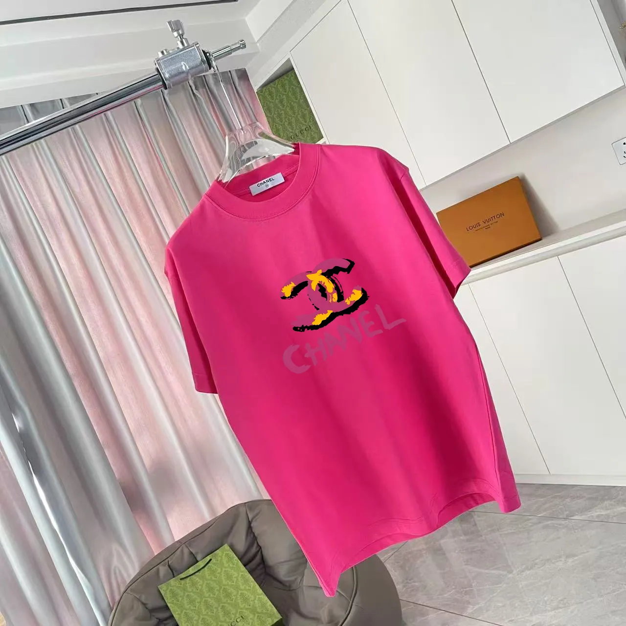 🅿️170 Chanel CHANEL2025 summer new style Double C letter logo printing short-sleeved T-shirt Customized fabric 300g Same style for men and women Size: S M L XL XXL Five codes Color: black white rose red purple