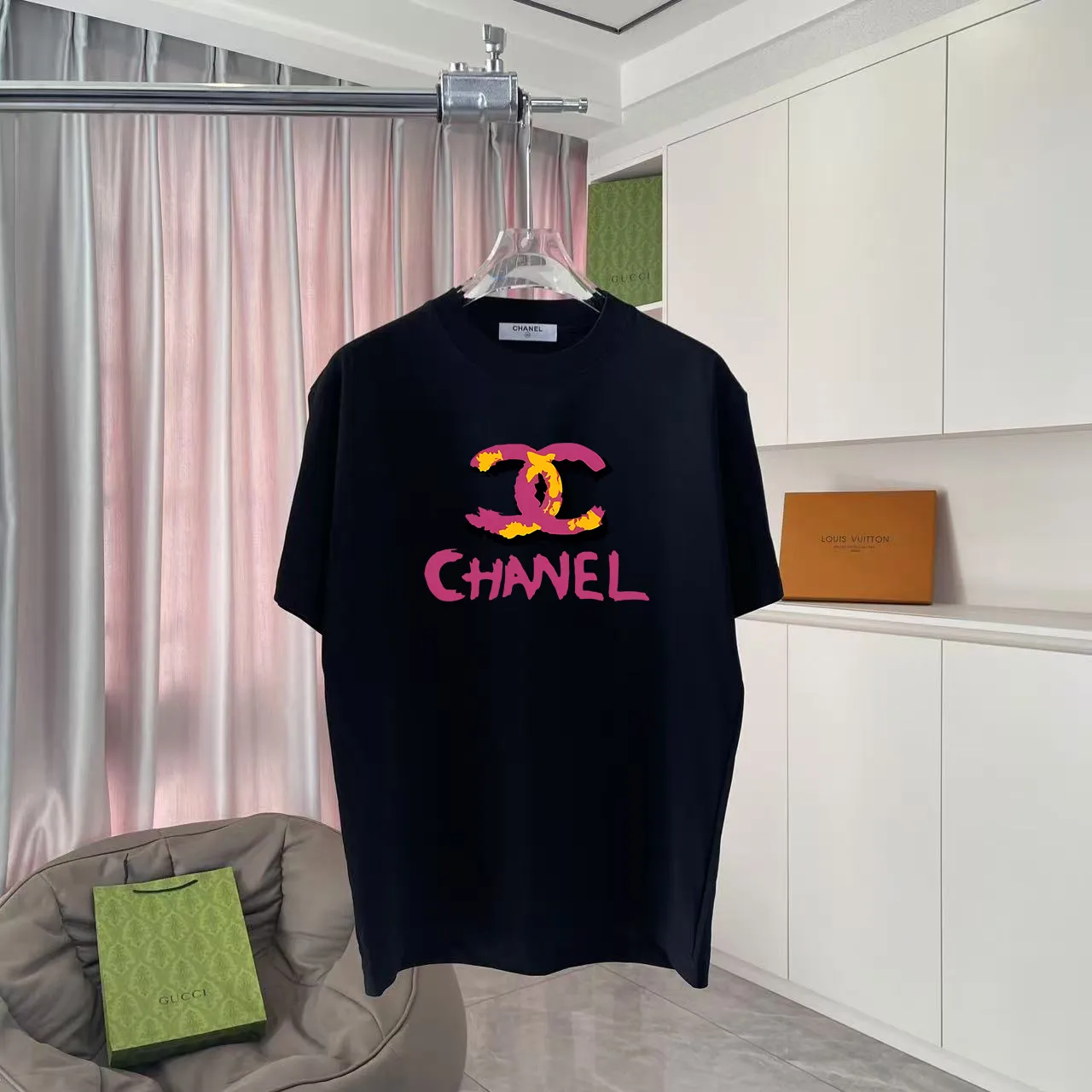 🅿️170 Chanel CHANEL2025 summer new style Double C letter logo printing short-sleeved T-shirt Customized fabric 300g Same style for men and women Size: S M L XL XXL Five codes Color: black white rose red purple