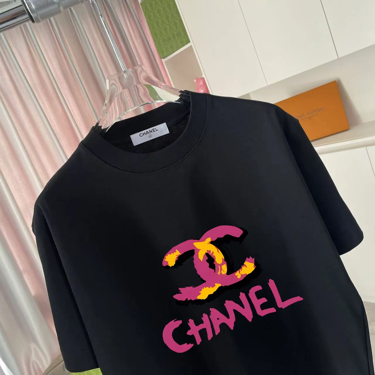 🅿️170 Chanel CHANEL2025 summer new style Double C letter logo printing short-sleeved T-shirt Customized fabric 300g Same style for men and women Size: S M L XL XXL Five codes Color: black white rose red purple