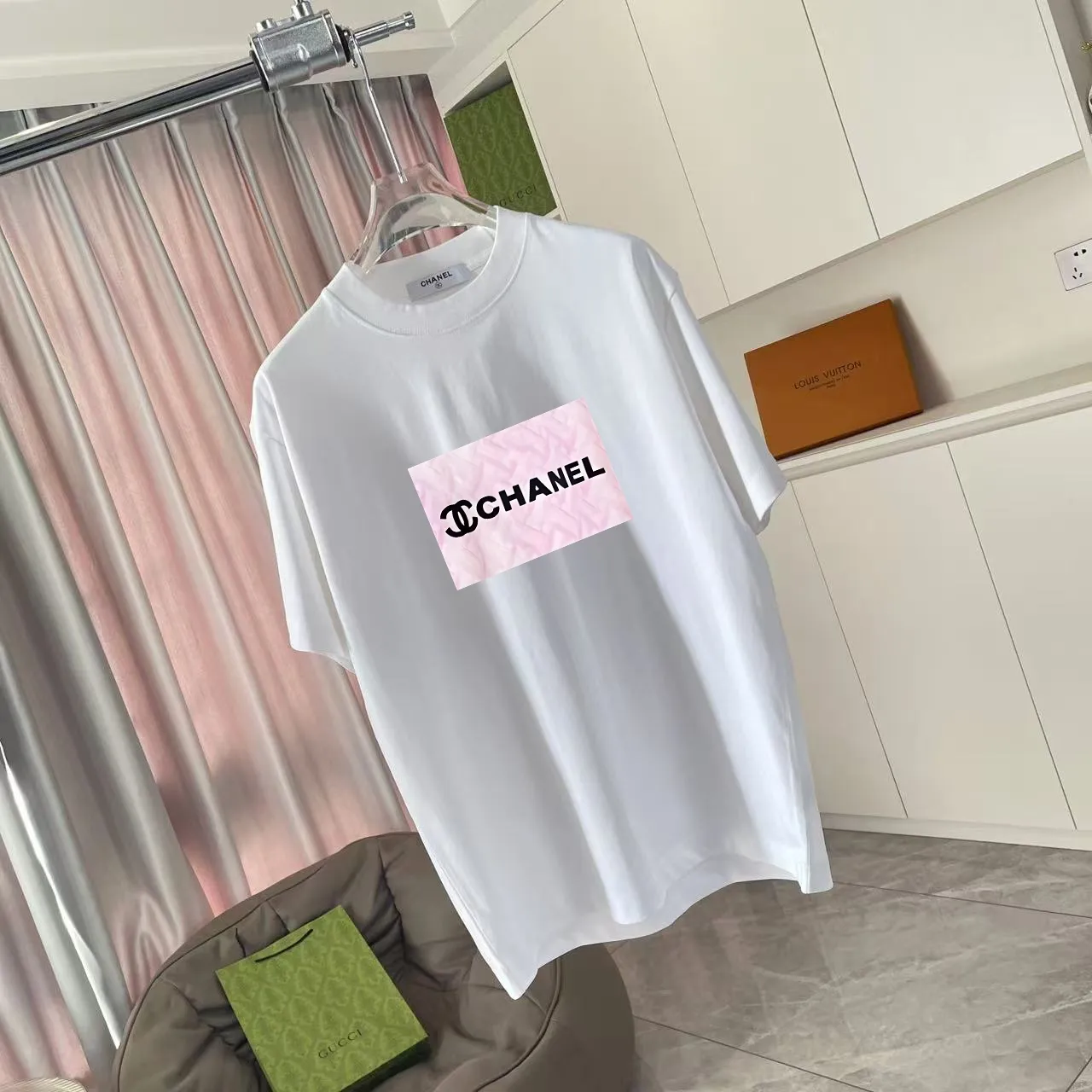 🅿️170 Chanel CHANEL 2025 summer new style Double C letter logo printing short-sleeved T-shirt Customized fabric 300g Same style for men and women Size: S M L XL XXL Five codes Color: black white lake green sky blue