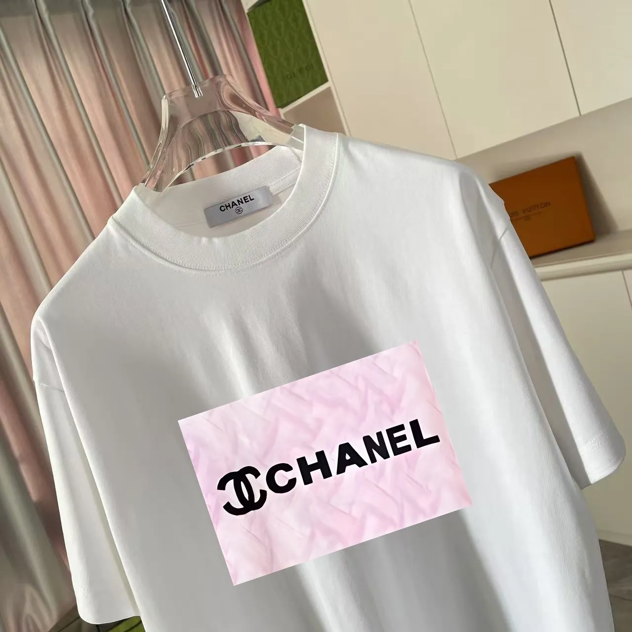 🅿️170 Chanel CHANEL 2025 summer new style Double C letter logo printing short-sleeved T-shirt Customized fabric 300g Same style for men and women Size: S M L XL XXL Five codes Color: black white lake green sky blue