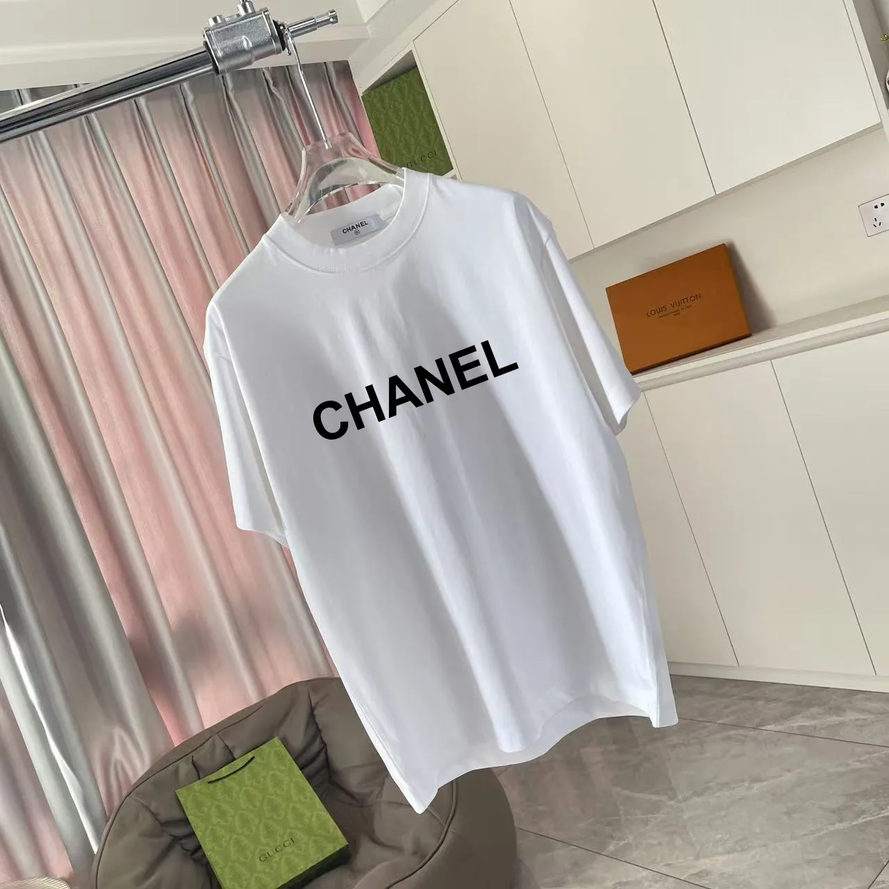 🅿️170 Chanel CHANEL2025 summer new style Double C letter logo printing short-sleeved T-shirt Customized fabric 300g Same style for men and women Size: S M L XL XXL Five codes Color: black white lake green purple