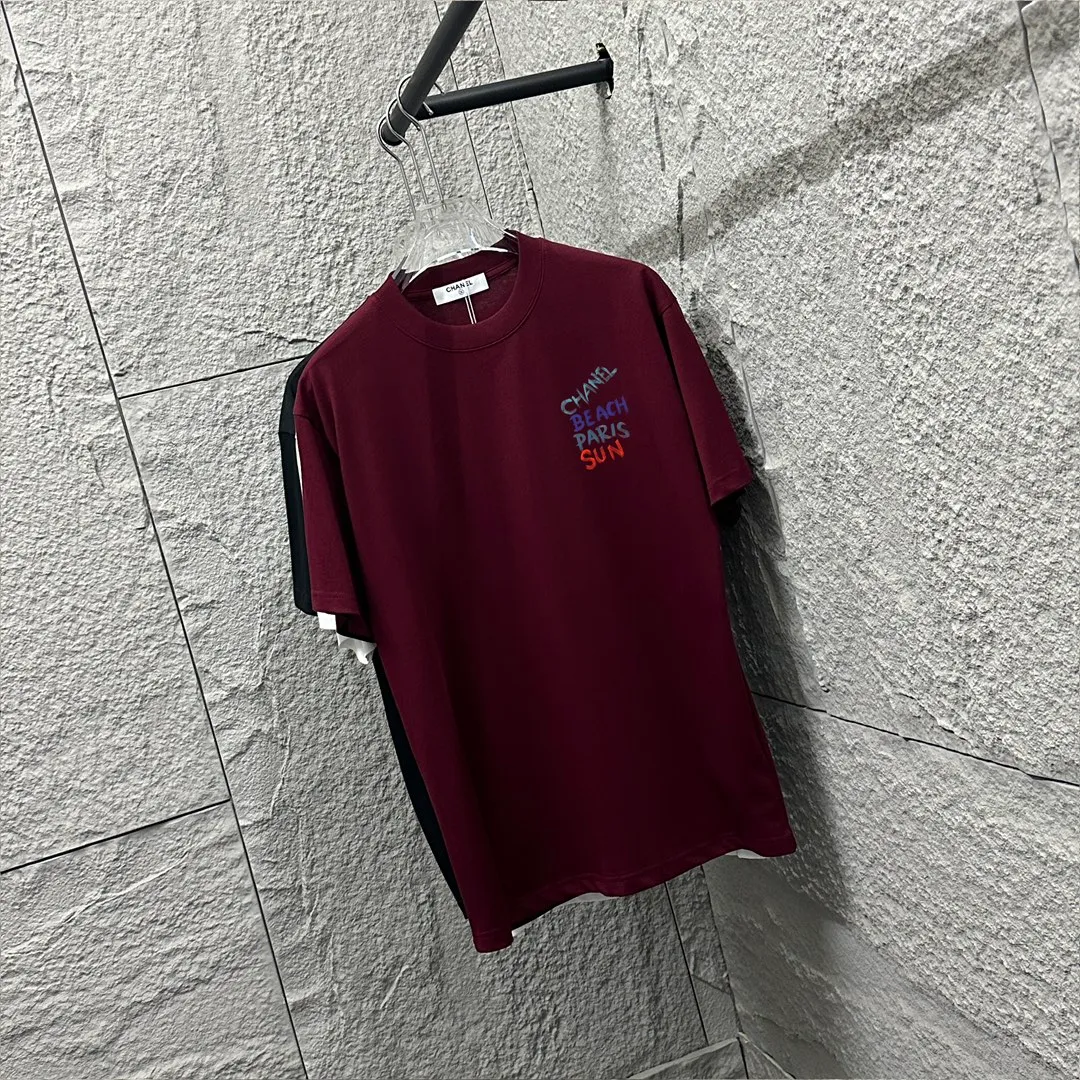 🅿️180 CHANE*Chanel*er 2025 spring and summer new style Classic color letter sign printing Customized double yarn plain cotton fabric Short-sleeved T-shirt Unisex Color: Black White Angora Red Size: S (90-130 pounds) M (120-150 pounds) L (140-165 pounds) XL (160-180 pounds) XXL (180-210 pounds)