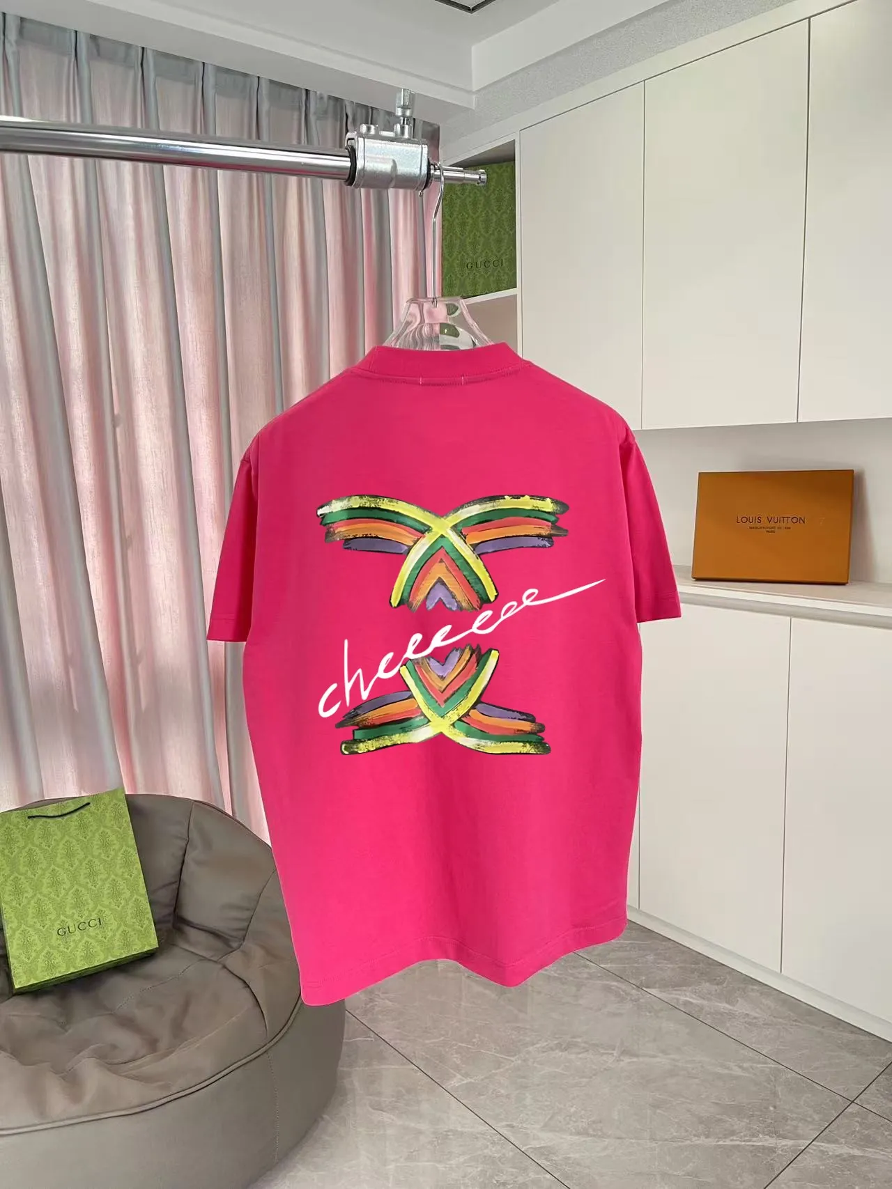🅿️180 CHANEL 2025 spring and summer new style Double C letter logo printing short-sleeved T-shirt Customized fabric 300g Same style for men and women Size: S M L XL XXL five codes Color: black white pink rose red