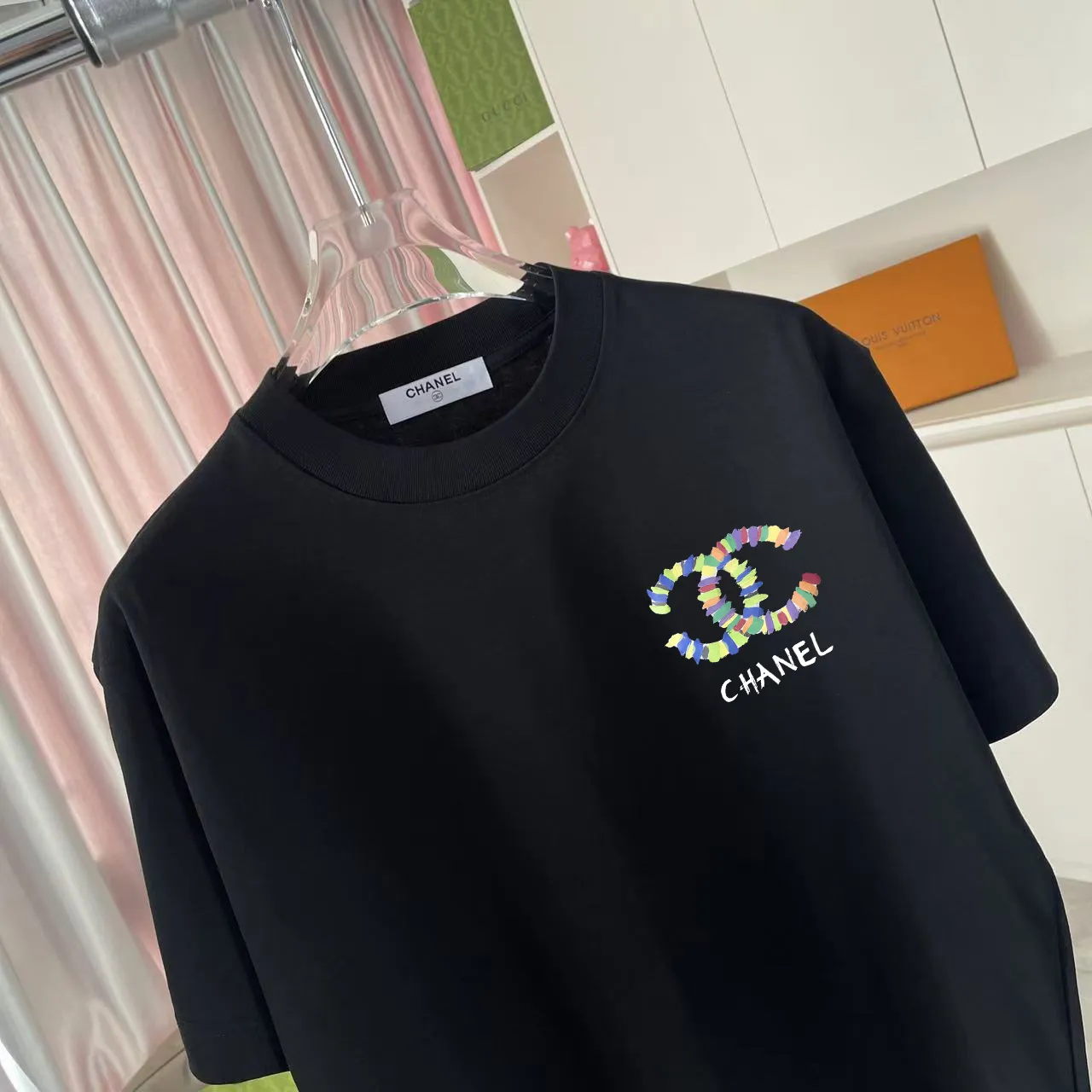 🅿️170 CHANE* Xiaoxiang 2025 autumn new style Double C letter logo printing short-sleeved T-shirt Customized fabric 300g Same style for men and women Size: S M L XL XXL five sizes Color: black white lake green pink