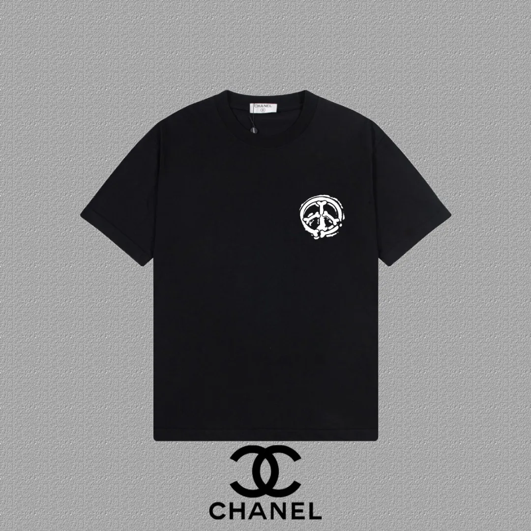 🅿️170 [CHANEL Chanel] 2025FW short-sleeved T-shirt LOGO printing, high-end 26s double yarn 300g fabric, heavy fabric, custom stretcher rib, same vat and dye, complete three standards, same style for men and women, color: black, white, gray, size: S M L XL 2XL