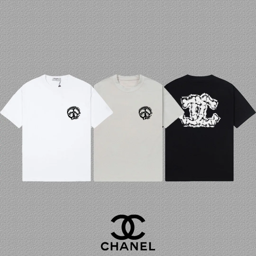 🅿️170 [CHANEL Chanel] 2025FW short-sleeved T-shirt LOGO printing, high-end 26s double yarn 300g fabric, heavy fabric, custom stretcher rib, same vat and dye, complete three standards, same style for men and women, color: black, white, gray, size: S M L XL 2XL