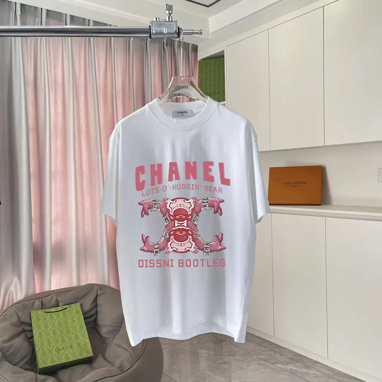 🅿️170 CHANE* Xiaoxiang 2025 Autumn New Style Double C Letter Logo Print Short Sleeve T-shirt Customized Fabric 300g Same Style for Men and Women Size: S M L XL XXL Five Codes Color: Black White Pink