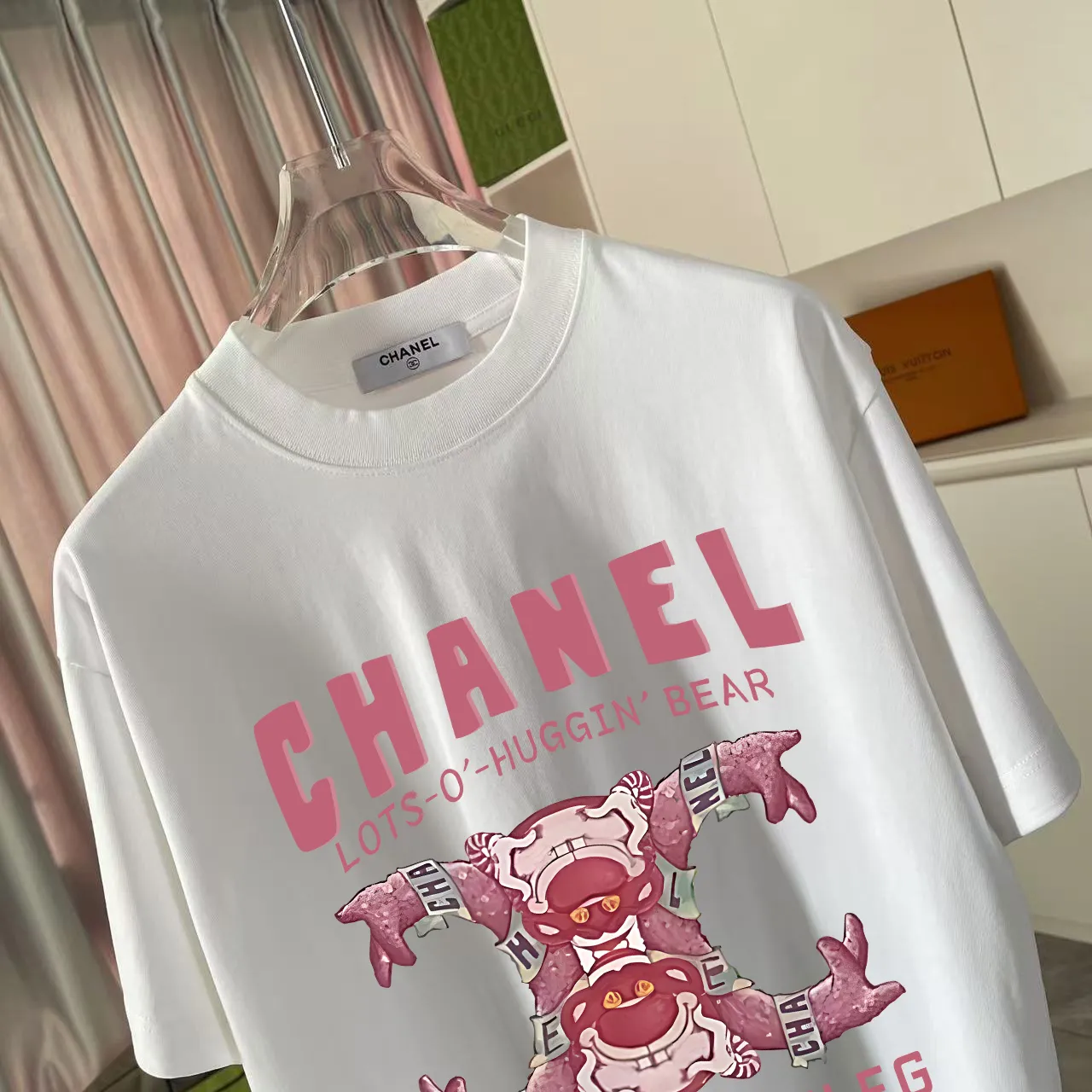 🅿️170 CHANE* Xiaoxiang 2025 Autumn New Style Double C Letter Logo Print Short Sleeve T-shirt Customized Fabric 300g Same Style for Men and Women Size: S M L XL XXL Five Codes Color: Black White Pink