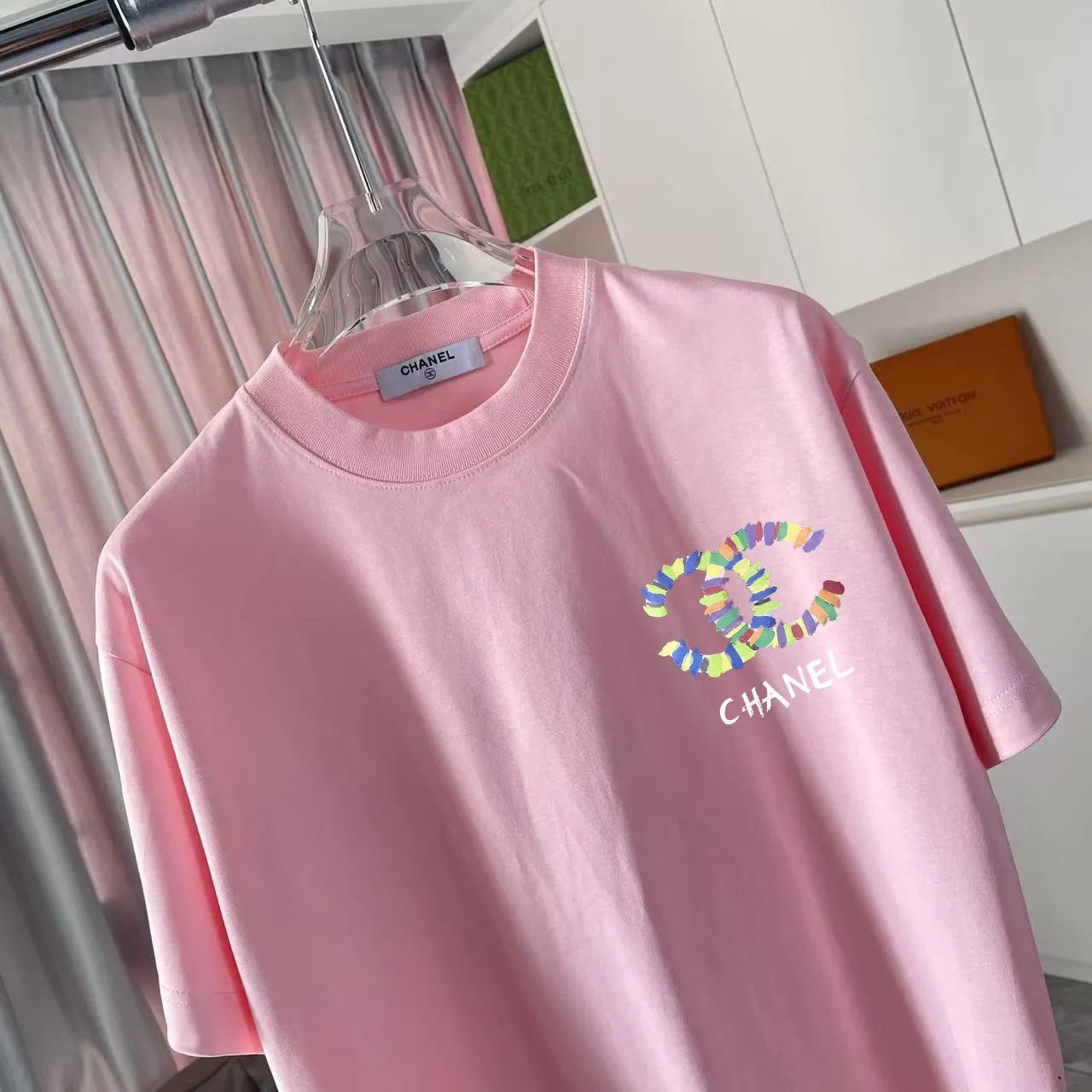 🅿️170 CHANE* Xiaoxiang 2025 autumn new style Double C letter logo printing short-sleeved T-shirt Customized fabric 300g Same style for men and women Size: S M L XL XXL five sizes Color: black white lake green pink