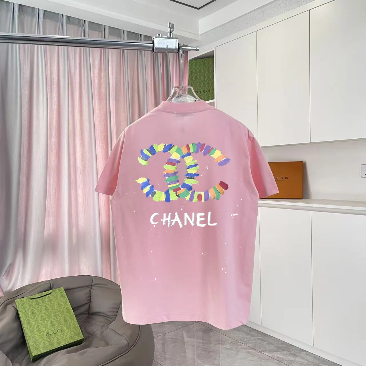 🅿️170 CHANE* Xiaoxiang 2025 autumn new style Double C letter logo printing short-sleeved T-shirt Customized fabric 300g Same style for men and women Size: S M L XL XXL five sizes Color: black white lake green pink