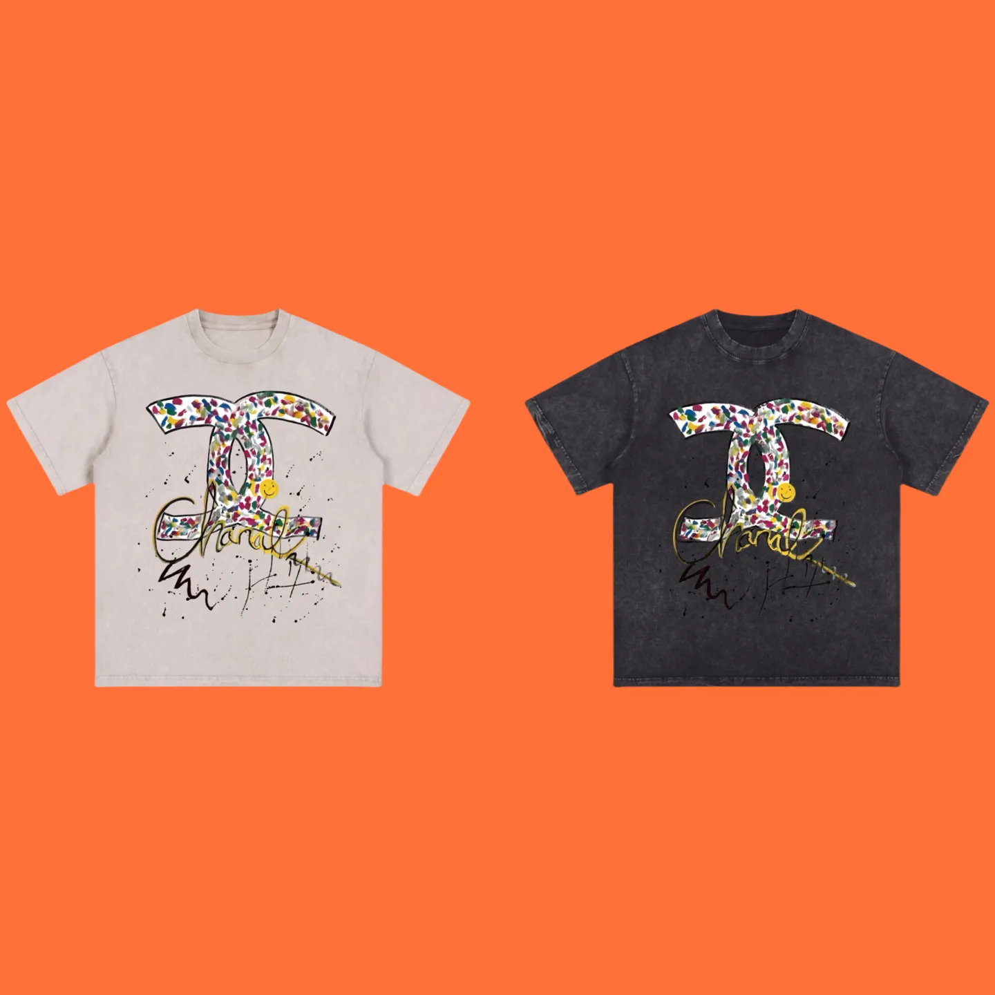 🅿️200 (profit from cooperation) High-end quality Chanel 2025 Fall Spring and Summer Series Double C graffiti art short-sleeved T-shirt Adopt imported Kornit digital direct-injection printing Custom-dyed high-quality trendy brand 26-count double yarn 100% washed 300G Ready-made garments dyed ➕ washed and stir-fried snow OS loose version Unisex size: S.M.L.XL.2XL