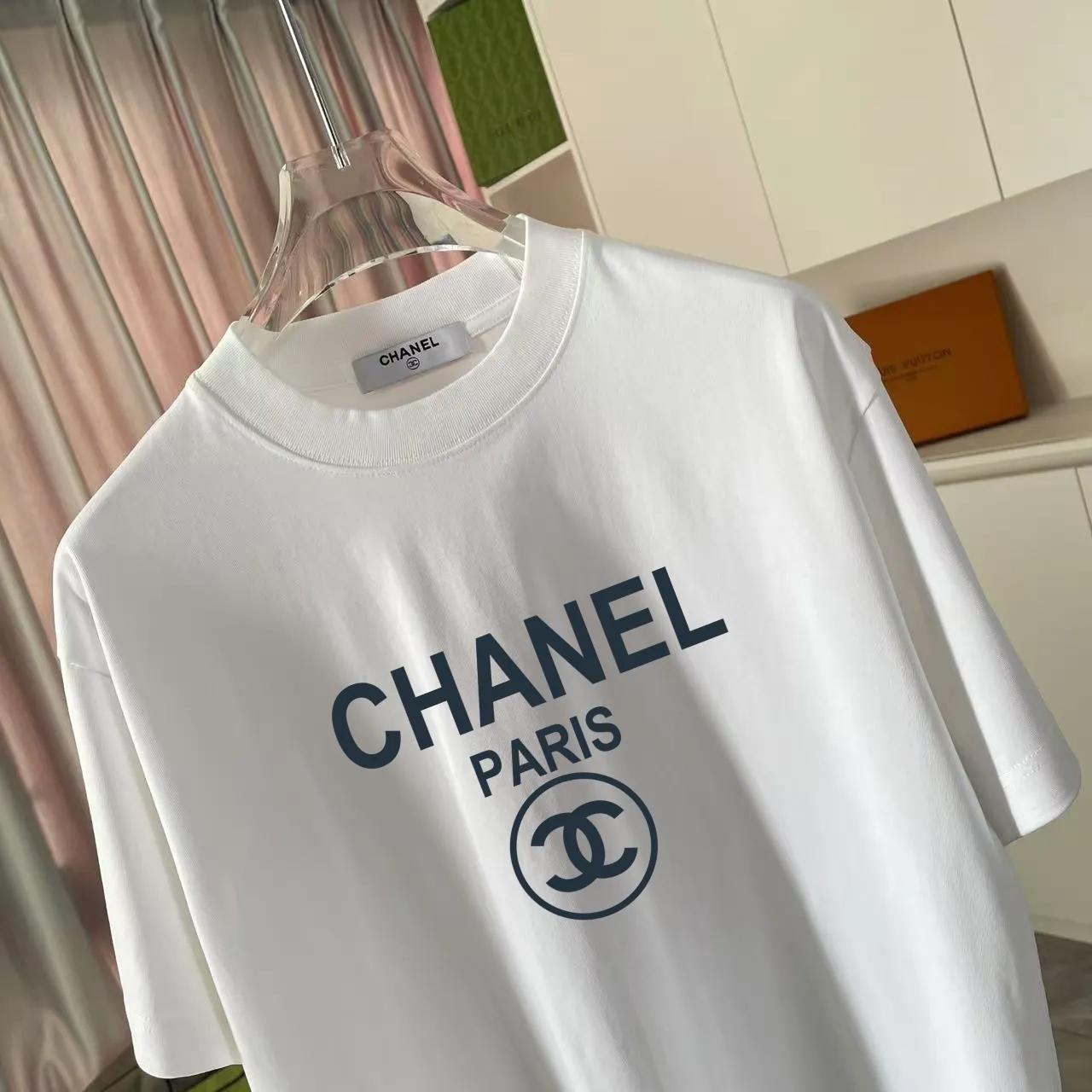 🅿️170 Chanel CHANEL 2025 summer new style Double C letter logo printing short-sleeved T-shirt Customized fabric 300g Same style for men and women Size: S M L XL XXL Five codes Color: black white lake green sky blue