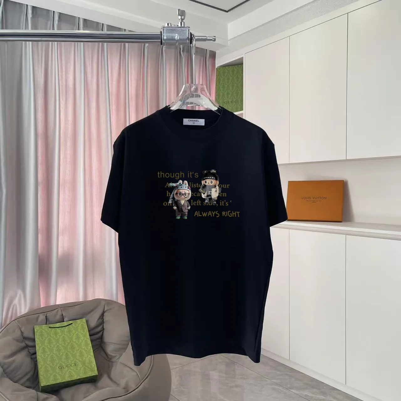 🅿️170 CHANE* Xiaoxiang 2025 autumn new style Double C letter logo printing short-sleeved T-shirt Customized fabric 300g Same style for men and women Size: S M L XL XXL Five codes Color: black white lake green sky blue