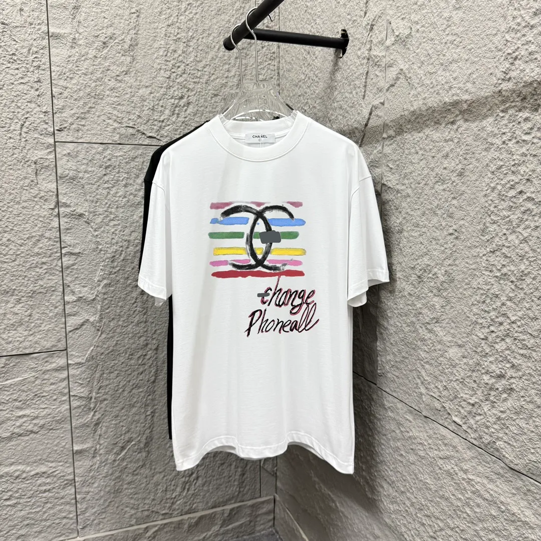 🅿️180 CHANE*Chanel*er 2025 spring and summer new style Classic rainbow letter print Customized double yarn plain cotton fabric Short-sleeved T-shirt Uniform for men and women Color: black white floral gray Size: S (90-130 pounds) M (120-150 pounds) L (140-165 pounds) XL (160-180 pounds) XXL (180-210 pounds)