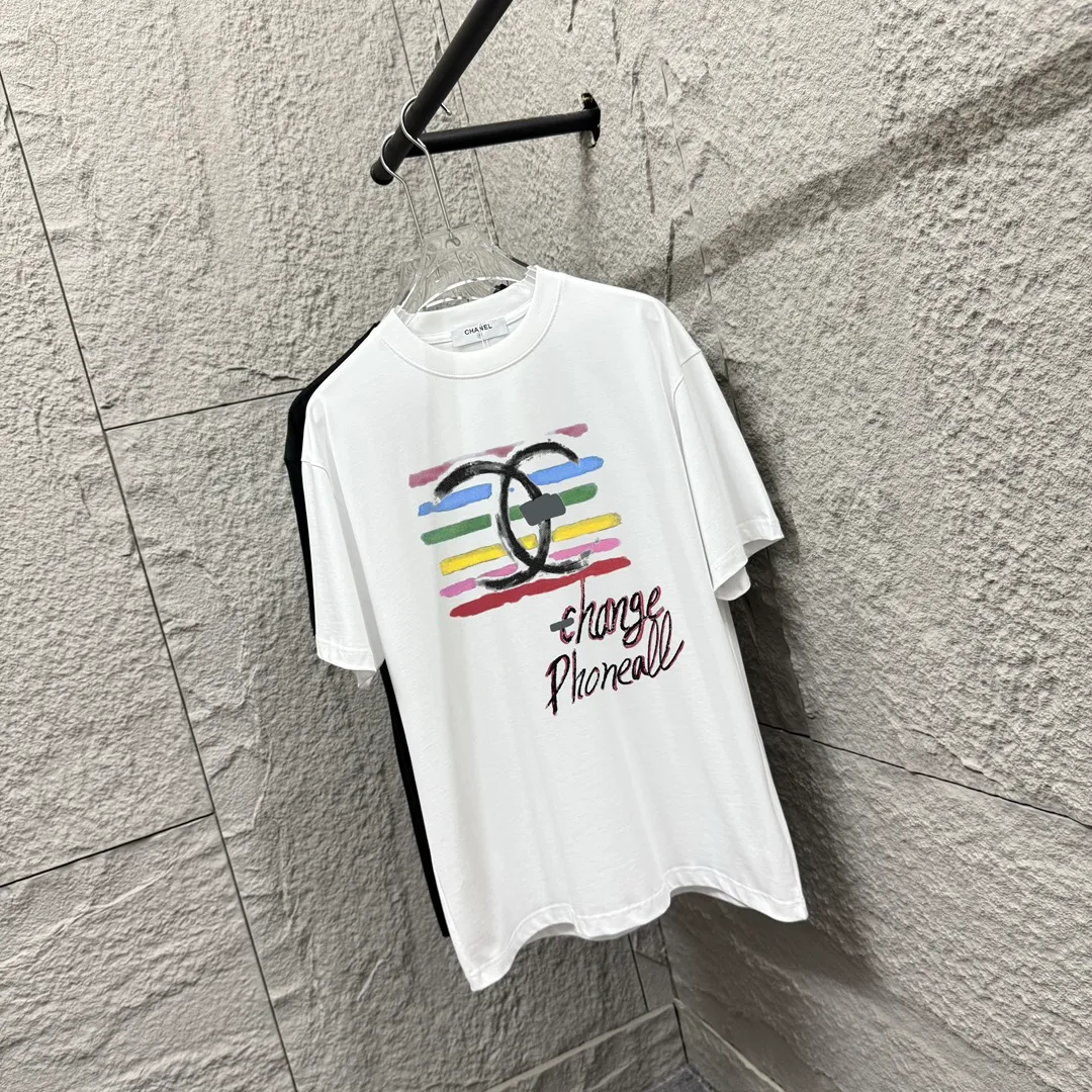 🅿️180 CHANE*Chanel*er 2025 spring and summer new style Classic rainbow letter print Customized double yarn plain cotton fabric Short-sleeved T-shirt Uniform for men and women Color: black white floral gray Size: S (90-130 pounds) M (120-150 pounds) L (140-165 pounds) XL (160-180 pounds) XXL (180-210 pounds)