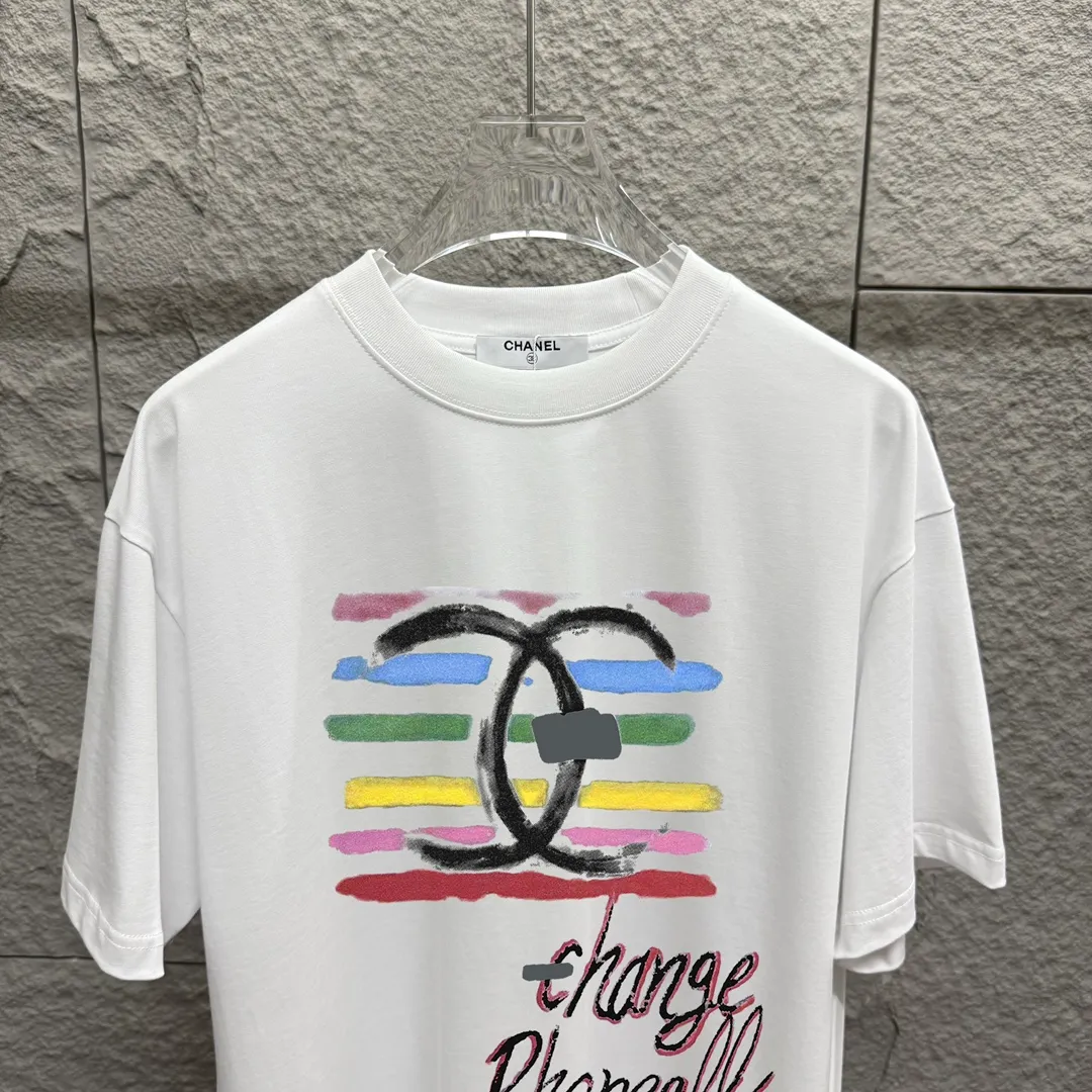 🅿️180 CHANE*Chanel*er 2025 spring and summer new style Classic rainbow letter print Customized double yarn plain cotton fabric Short-sleeved T-shirt Uniform for men and women Color: black white floral gray Size: S (90-130 pounds) M (120-150 pounds) L (140-165 pounds) XL (160-180 pounds) XXL (180-210 pounds)