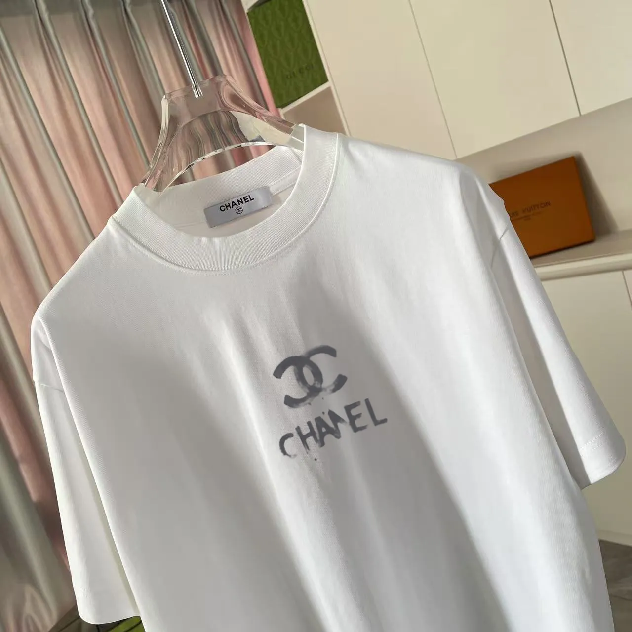 🅿️170 CHANE* Xiaoxiang 2025 autumn new style Double C letter logo printing short-sleeved T-shirt Customized fabric 300g Same style for men and women Size: S M L XL XXL Five codes Color: black white pink sky blue