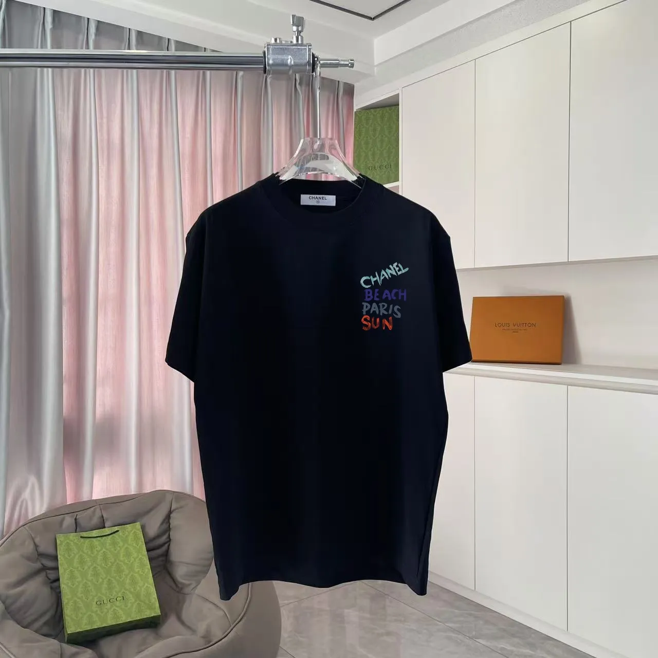 🅿️170 Chanel CHANEL2025 summer new style Double C letter logo printing short-sleeved T-shirt Customized fabric 300g Same style for men and women Size: S M L XL XXL Five codes Color: black white lake green purple