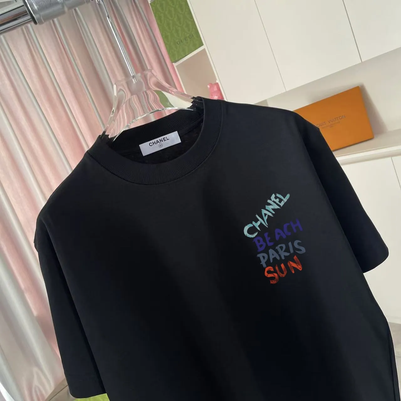 🅿️170 Chanel CHANEL2025 summer new style Double C letter logo printing short-sleeved T-shirt Customized fabric 300g Same style for men and women Size: S M L XL XXL Five codes Color: black white lake green purple