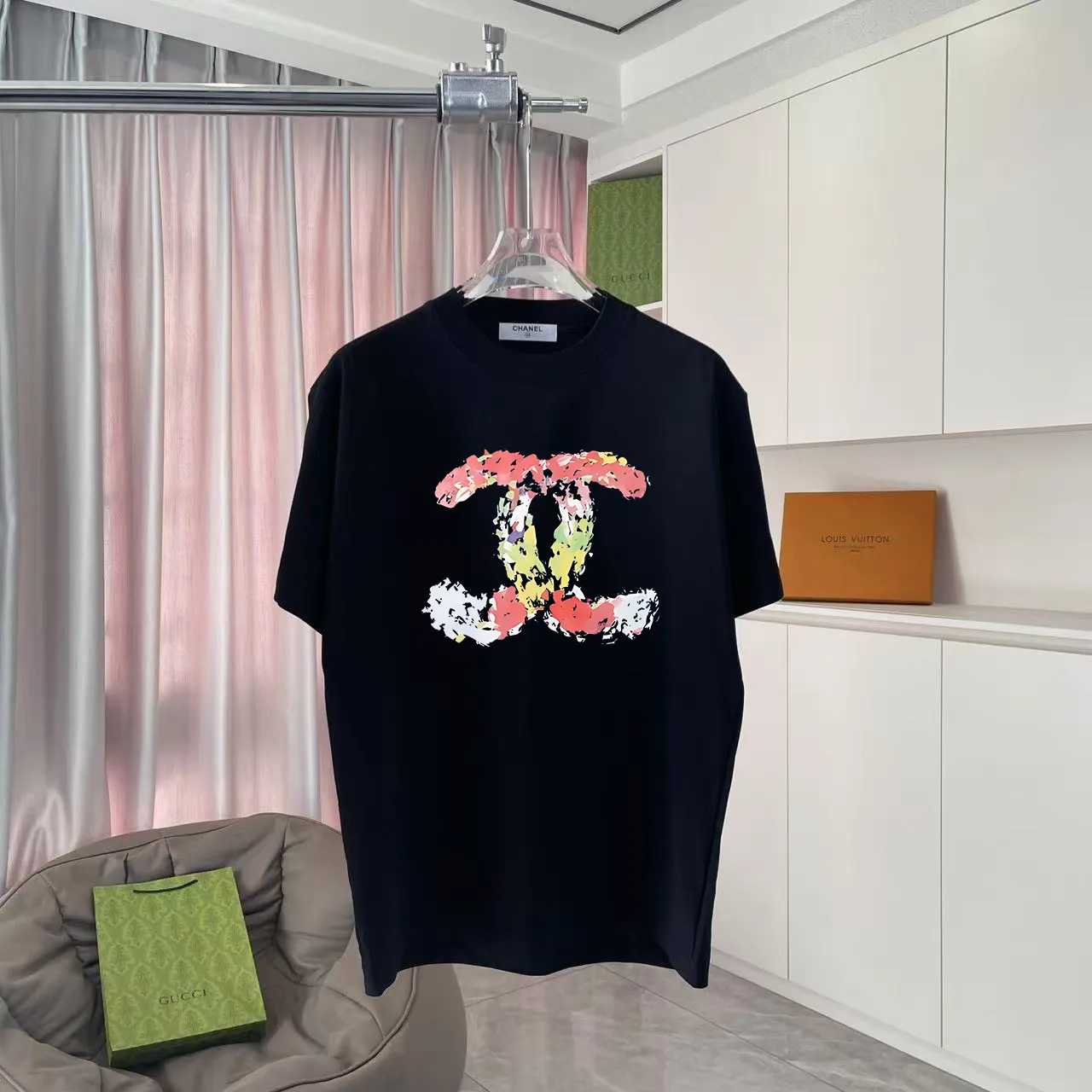 🅿️170 Chanel CHANEL2025 summer new style Double C letter logo printing short-sleeved T-shirt Customized fabric 300g Same style for men and women Size: S M L XL XXL five codes Color: black white pink lake green