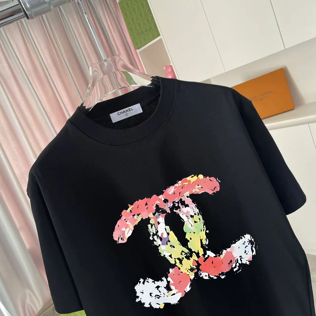 🅿️170 Chanel CHANEL2025 summer new style Double C letter logo printing short-sleeved T-shirt Customized fabric 300g Same style for men and women Size: S M L XL XXL five codes Color: black white pink lake green