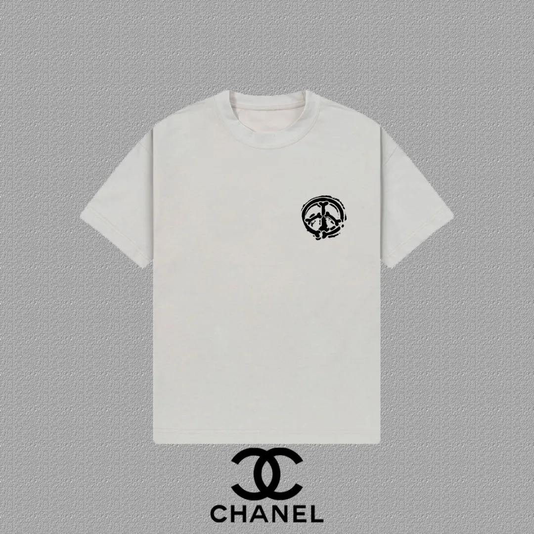 🅿️170 [CHANEL Chanel] 2025FW short-sleeved T-shirt LOGO printing, high-end 26s double yarn 300g fabric, heavy fabric, custom stretcher rib, same vat and dye, complete three standards, same style for men and women, color: black, white, gray, size: S M L XL 2XL