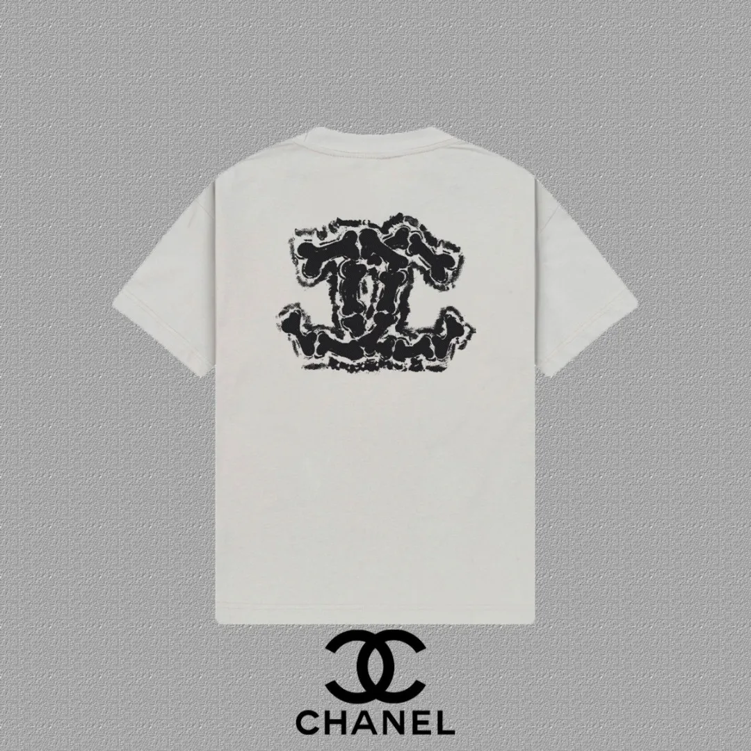 🅿️170 [CHANEL Chanel] 2025FW short-sleeved T-shirt LOGO printing, high-end 26s double yarn 300g fabric, heavy fabric, custom stretcher rib, same vat and dye, complete three standards, same style for men and women, color: black, white, gray, size: S M L XL 2XL