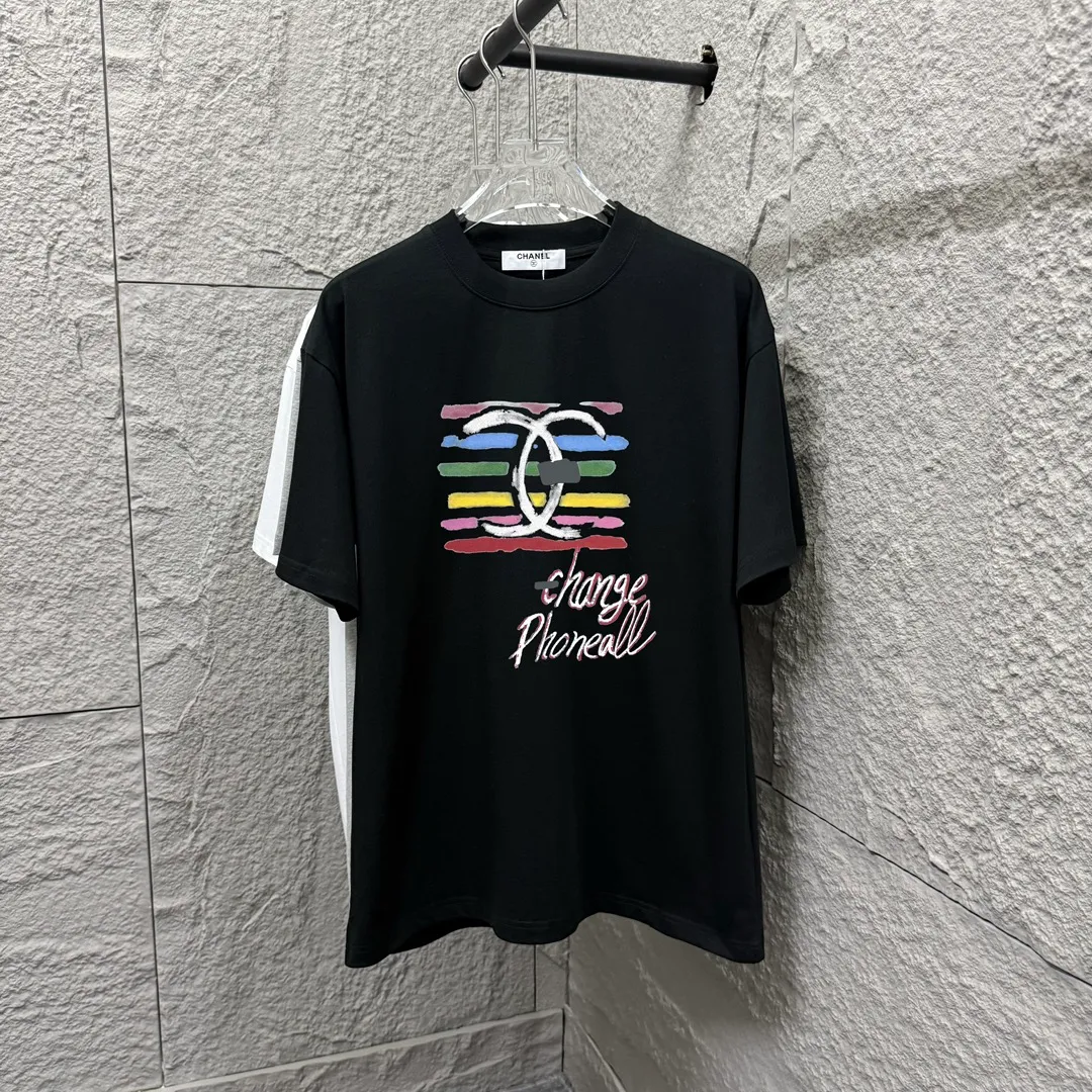 🅿️180 CHANE*Chanel*er 2025 spring and summer new style Classic rainbow letter print Customized double yarn plain cotton fabric Short-sleeved T-shirt Uniform for men and women Color: black white floral gray Size: S (90-130 pounds) M (120-150 pounds) L (140-165 pounds) XL (160-180 pounds) XXL (180-210 pounds)