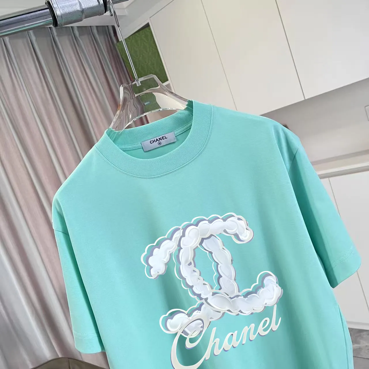 🅿️170 Chanel CHANEL 2025 summer new style Double C letter logo printing short-sleeved T-shirt Customized fabric 300g Same style for men and women Size: S M L XL XXL five sizes Color: black white lake green rose red