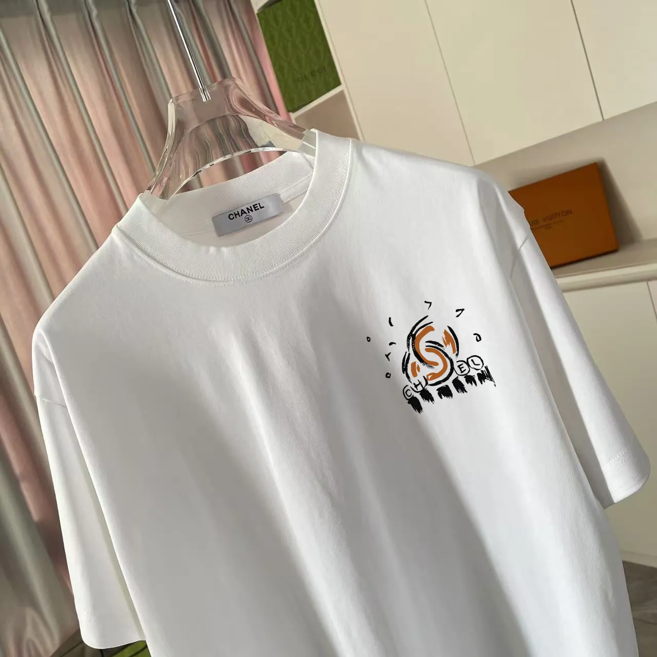 🅿️170 CHANE* Xiaoxiang 2025 autumn new style Double C letter logo printing short-sleeved T-shirt Customized fabric 300g Same style for men and women Size: S M L XL XXL five sizes Color: black white pink rose red