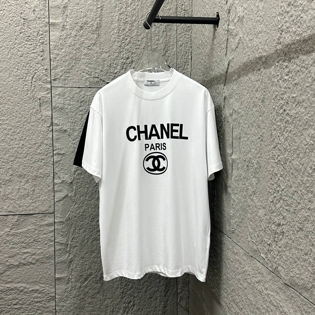 🅿️180 CHANE*Chanel*er 2025 spring and summer new style Classic totem letters paris three-dimensional silicone technology Customized double yarn plain cotton fabric Short-sleeved T-shirt Uniform for men and women Color: black white Size: S (90-130 pounds) M (120-150 pounds) L (140-165 pounds) XL (160-180 pounds) XXL (180-210 pounds)