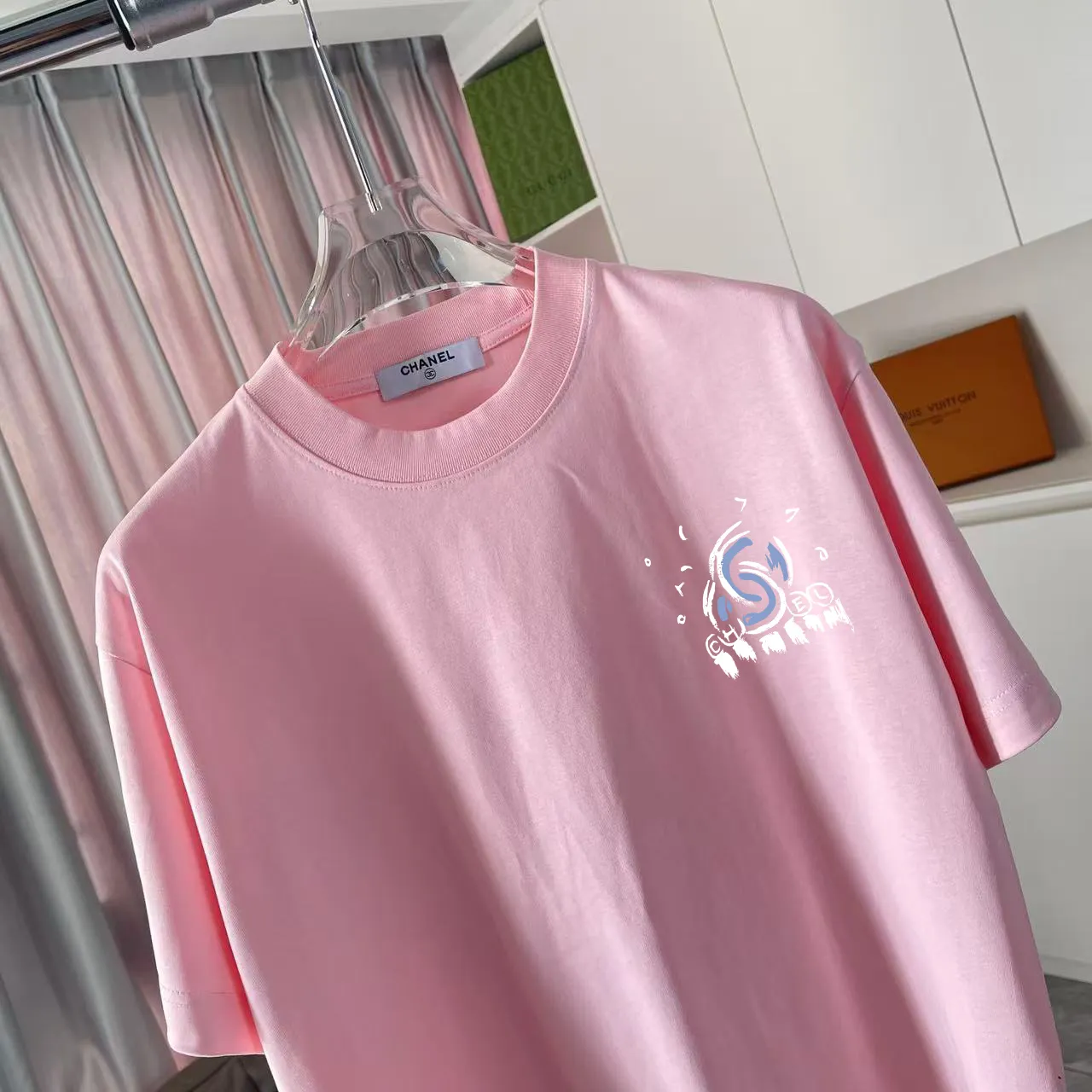🅿️170 CHANE* Xiaoxiang 2025 autumn new style Double C letter logo printing short-sleeved T-shirt Customized fabric 300g Same style for men and women Size: S M L XL XXL five sizes Color: black white pink rose red