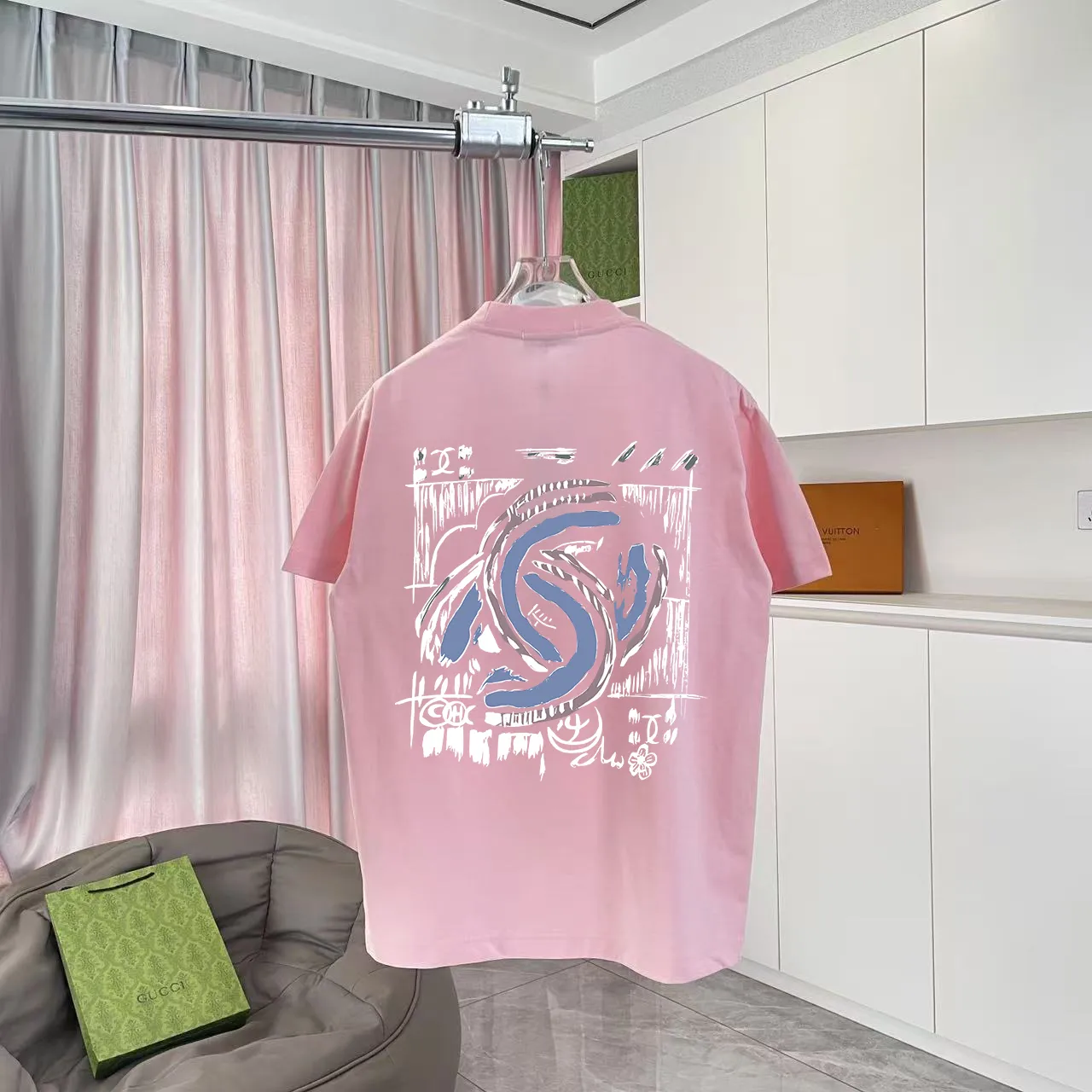 🅿️170 CHANE* Xiaoxiang 2025 autumn new style Double C letter logo printing short-sleeved T-shirt Customized fabric 300g Same style for men and women Size: S M L XL XXL five sizes Color: black white pink rose red