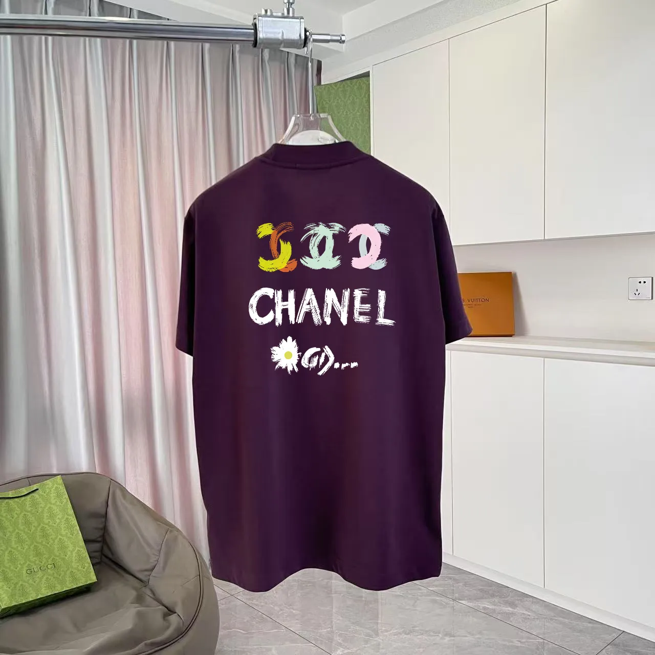 🅿️170 Chanel*CHANEL2025 new summer style Double C letter logo printing short-sleeved T-shirt Customized fabric 300g Same style for men and women Size: S M L XL XXL Five codes Color: black white lake green purple