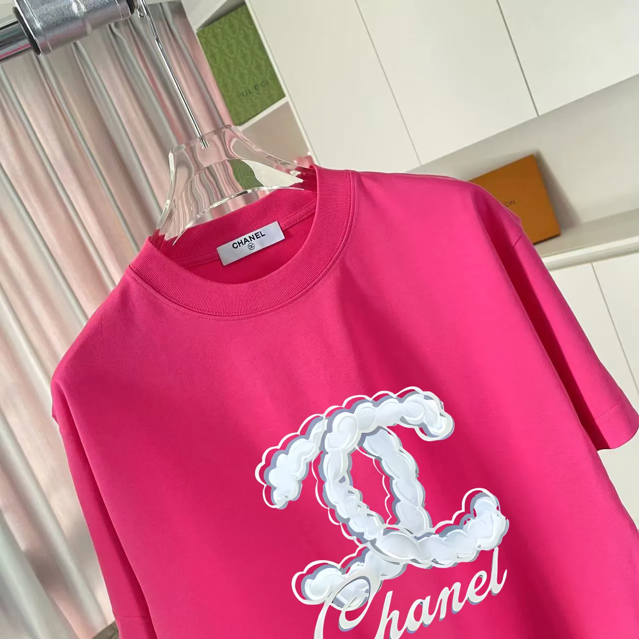 🅿️170 Chanel CHANEL 2025 summer new style Double C letter logo printing short-sleeved T-shirt Customized fabric 300g Same style for men and women Size: S M L XL XXL five sizes Color: black white lake green rose red