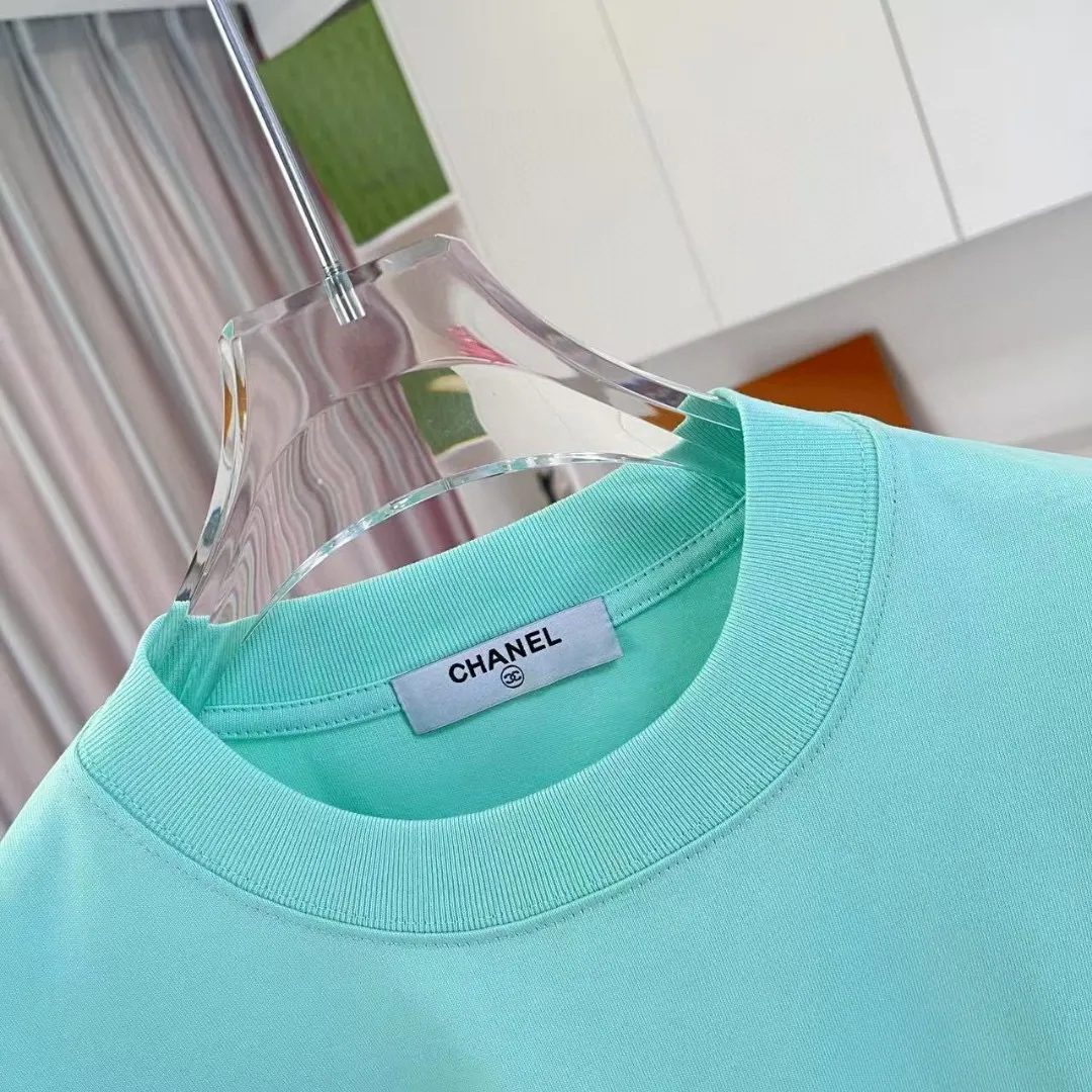 🅿️170 CHANE* Xiaoxiang 2025 autumn new style Double C letter logo printing short-sleeved T-shirt Customized fabric 300g Same style for men and women Size: S M L XL XXL Five codes Color: black white lake green sky blue