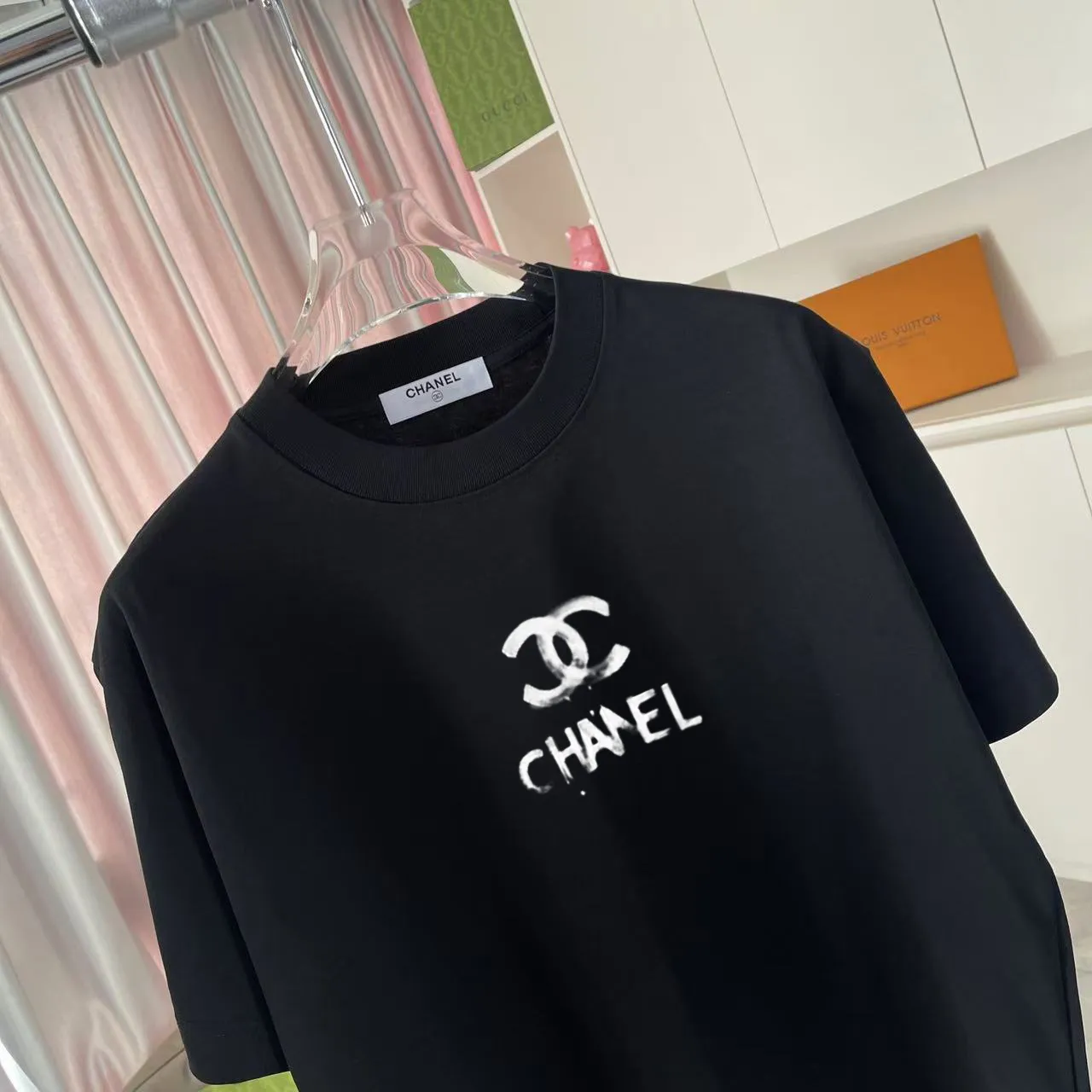 🅿️170 CHANE* Xiaoxiang 2025 autumn new style Double C letter logo printing short-sleeved T-shirt Customized fabric 300g Same style for men and women Size: S M L XL XXL Five codes Color: black white pink sky blue
