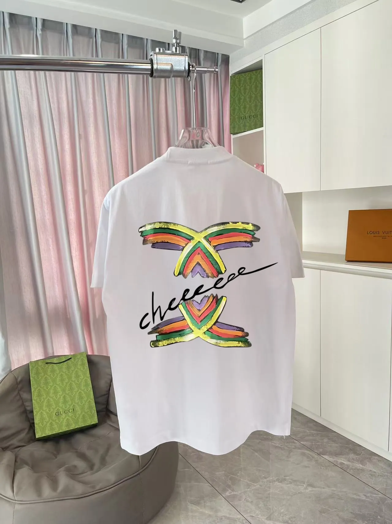 🅿️180 CHANEL 2025 spring and summer new style Double C letter logo printing short-sleeved T-shirt Customized fabric 300g Same style for men and women Size: S M L XL XXL five codes Color: black white pink rose red