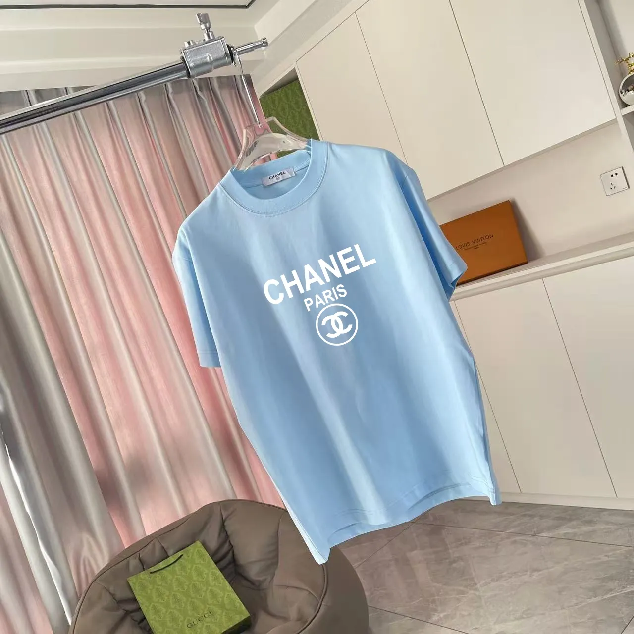 🅿️170 Chanel CHANEL 2025 summer new style Double C letter logo printing short-sleeved T-shirt Customized fabric 300g Same style for men and women Size: S M L XL XXL Five codes Color: black white lake green sky blue
