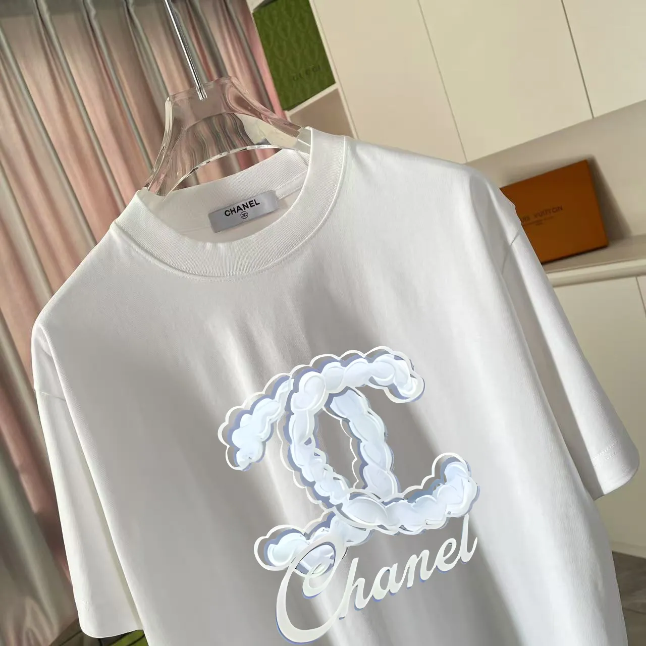 🅿️170 Chanel CHANEL 2025 summer new style Double C letter logo printing short-sleeved T-shirt Customized fabric 300g Same style for men and women Size: S M L XL XXL five sizes Color: black white lake green rose red