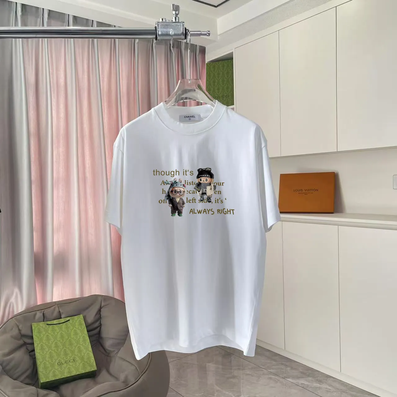 🅿️170 CHANE* Xiaoxiang 2025 autumn new style Double C letter logo printing short-sleeved T-shirt Customized fabric 300g Same style for men and women Size: S M L XL XXL Five codes Color: black white lake green sky blue
