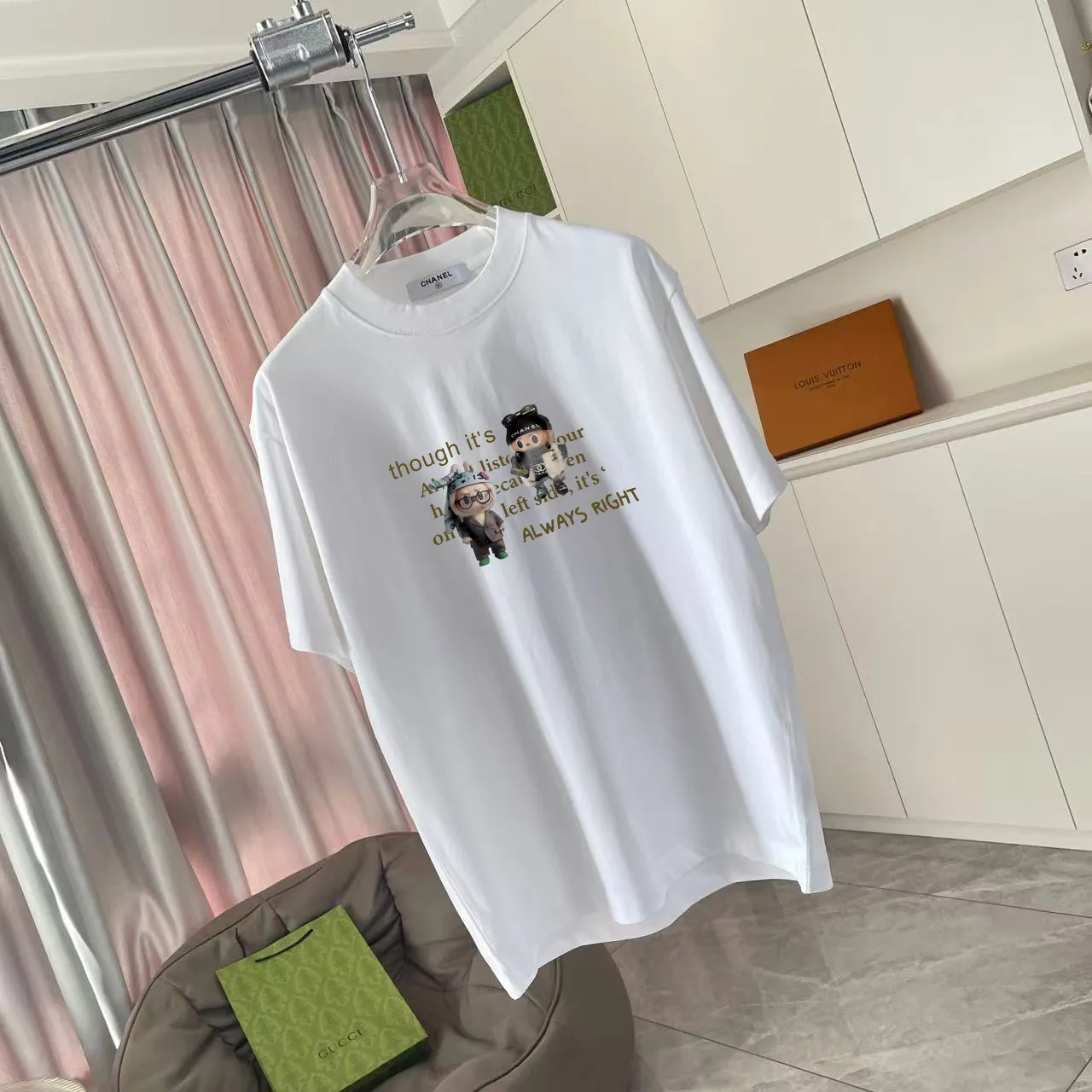 🅿️170 CHANE* Xiaoxiang 2025 autumn new style Double C letter logo printing short-sleeved T-shirt Customized fabric 300g Same style for men and women Size: S M L XL XXL Five codes Color: black white lake green sky blue