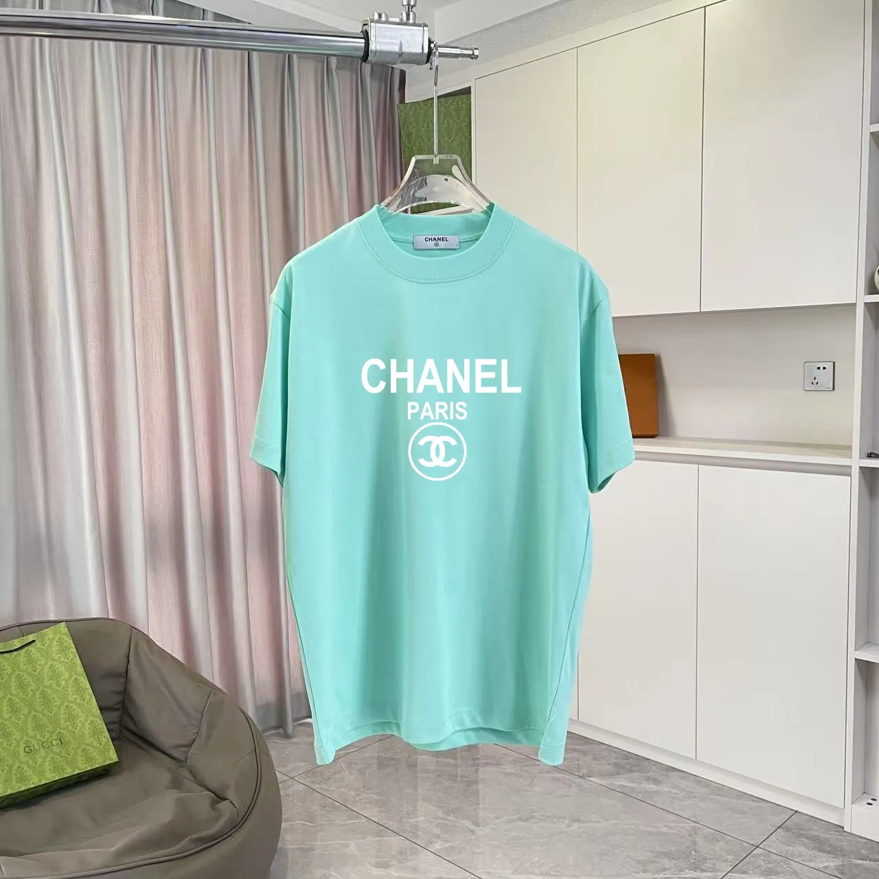 🅿️170 Chanel CHANEL 2025 summer new style Double C letter logo printing short-sleeved T-shirt Customized fabric 300g Same style for men and women Size: S M L XL XXL Five codes Color: black white lake green sky blue