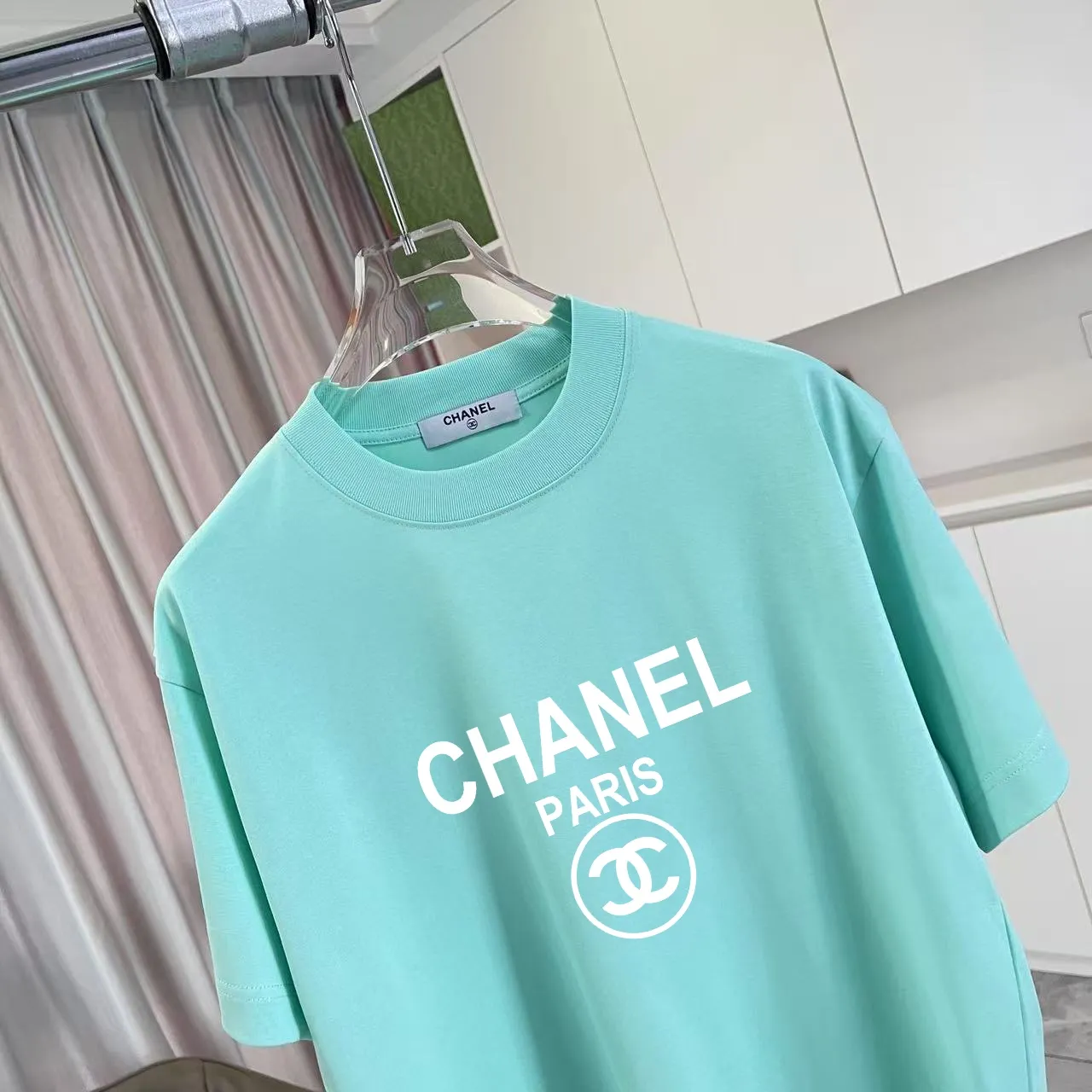 🅿️170 Chanel CHANEL 2025 summer new style Double C letter logo printing short-sleeved T-shirt Customized fabric 300g Same style for men and women Size: S M L XL XXL Five codes Color: black white lake green sky blue