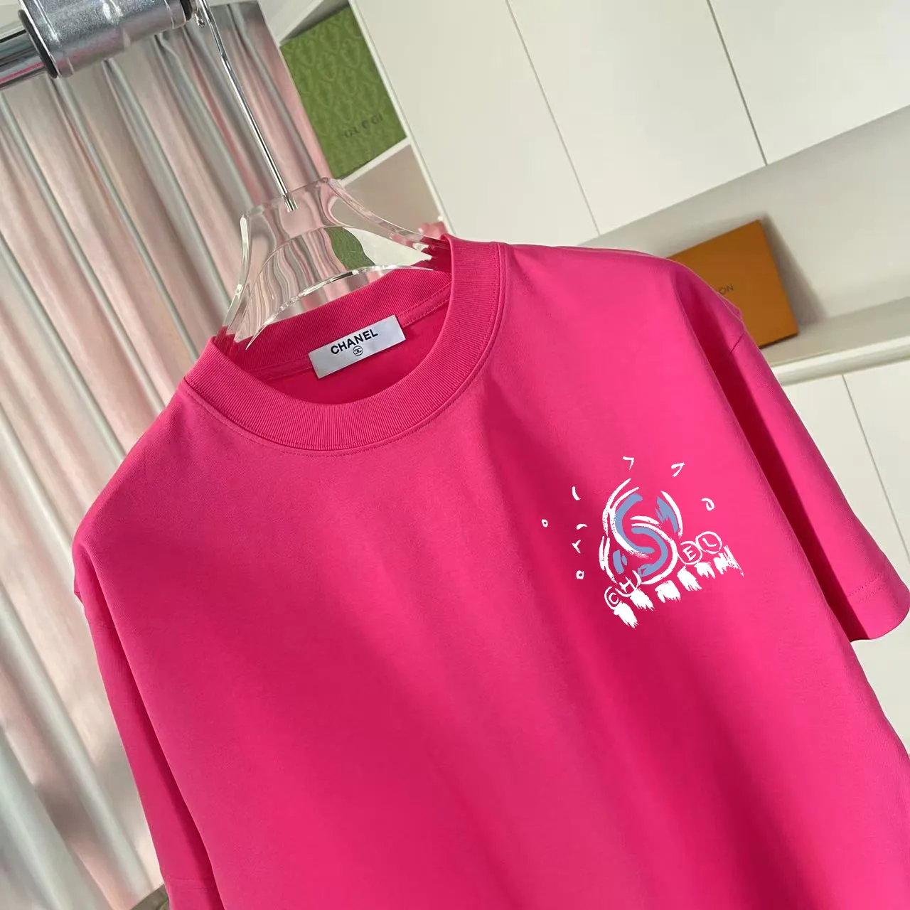 🅿️170 CHANE* Xiaoxiang 2025 autumn new style Double C letter logo printing short-sleeved T-shirt Customized fabric 300g Same style for men and women Size: S M L XL XXL five sizes Color: black white pink rose red