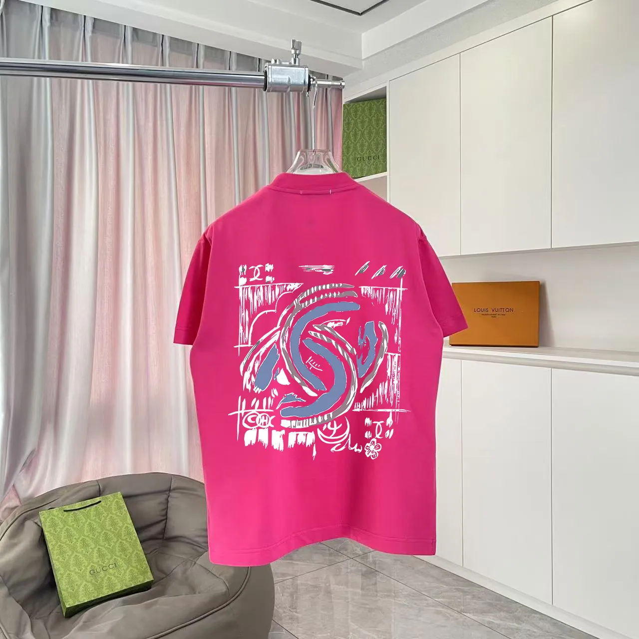 🅿️170 CHANE* Xiaoxiang 2025 autumn new style Double C letter logo printing short-sleeved T-shirt Customized fabric 300g Same style for men and women Size: S M L XL XXL five sizes Color: black white pink rose red